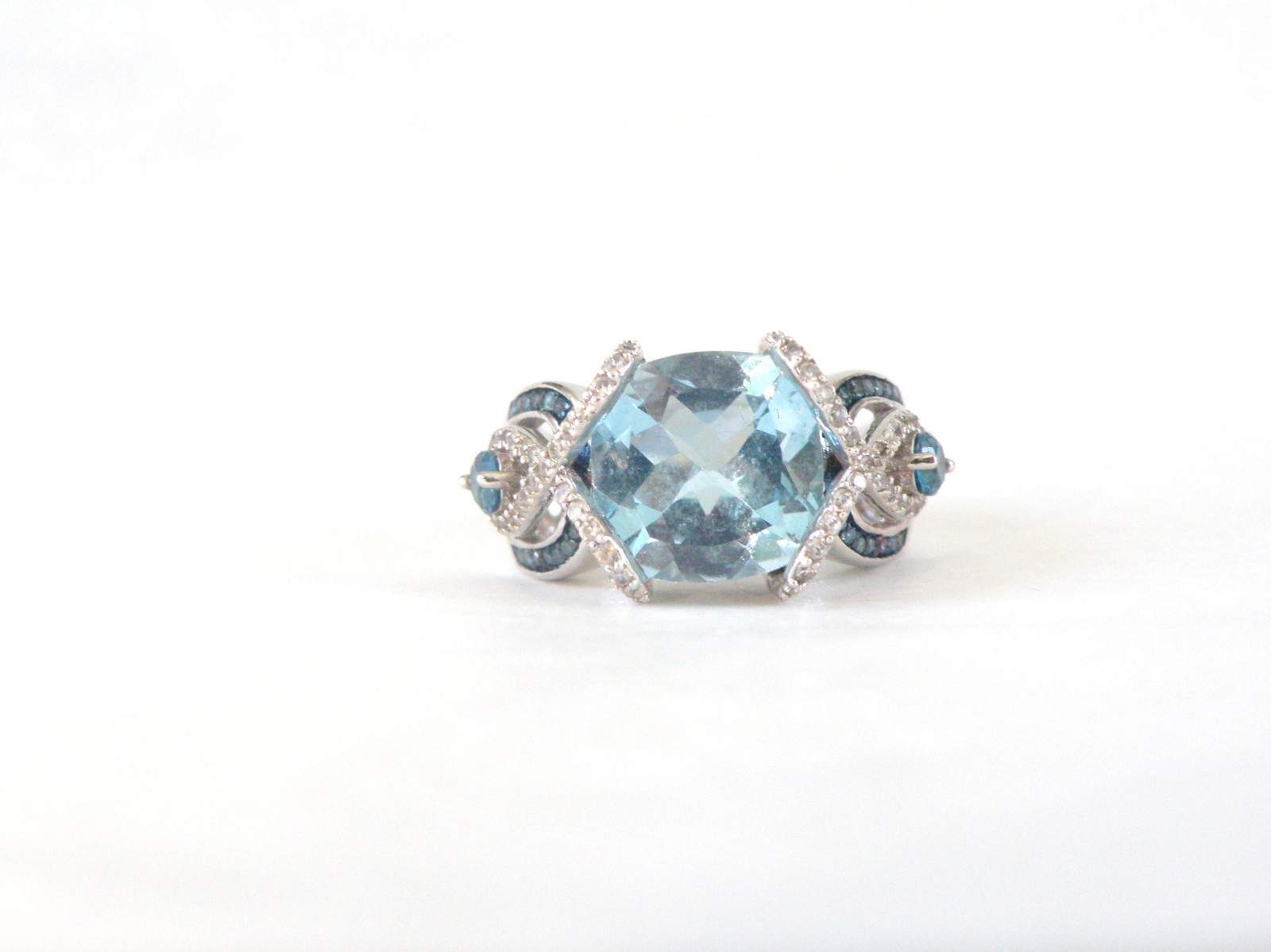 Vintage Style Sterling Silver 925 Natural Heated Blue Topaz Diamond Ring Size 6