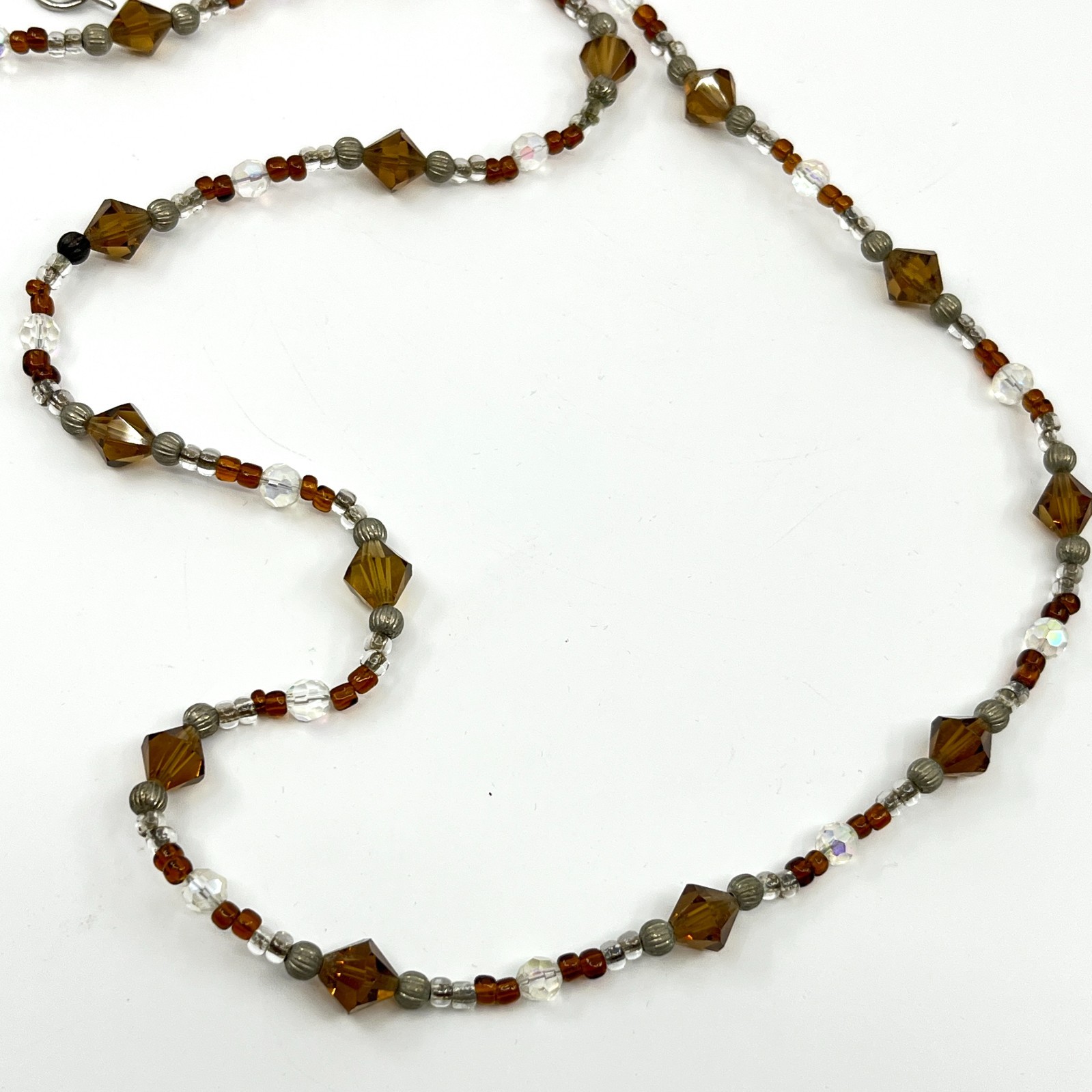 Vintage Amber Tone Crystal Beaded Necklace with AB Iridescent Accents Toggle
