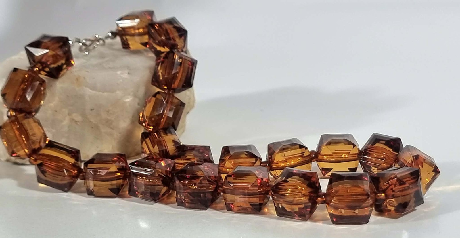 Vintage Amber Lucite Bead Necklace Sterling Silver 45cm Faceted