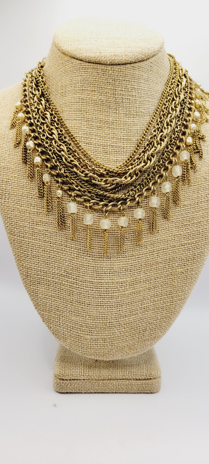 Fringe Necklace Vintage 8 Layers Layered Gold tone Multichain Beaded 16.5″