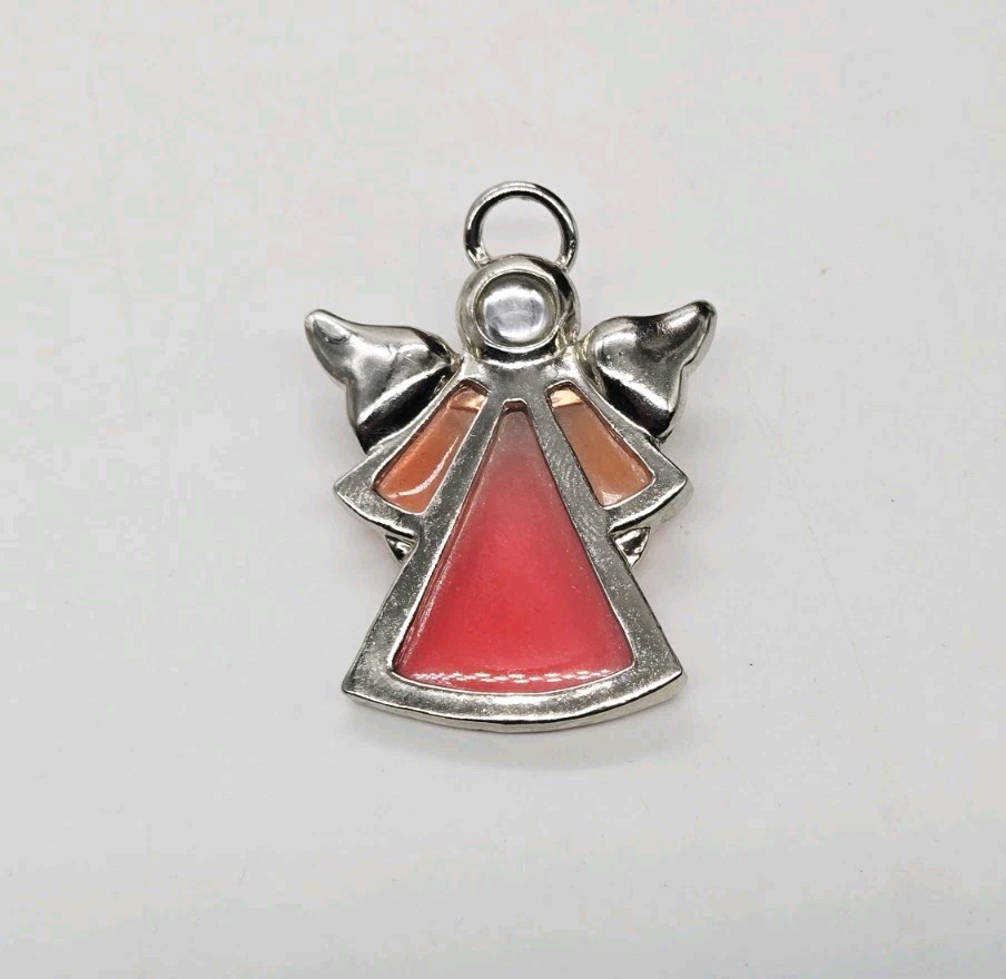 Angel Brooch Pink Glass Pin Silver tone Wings and Halo Deco Guardian 1.75 in