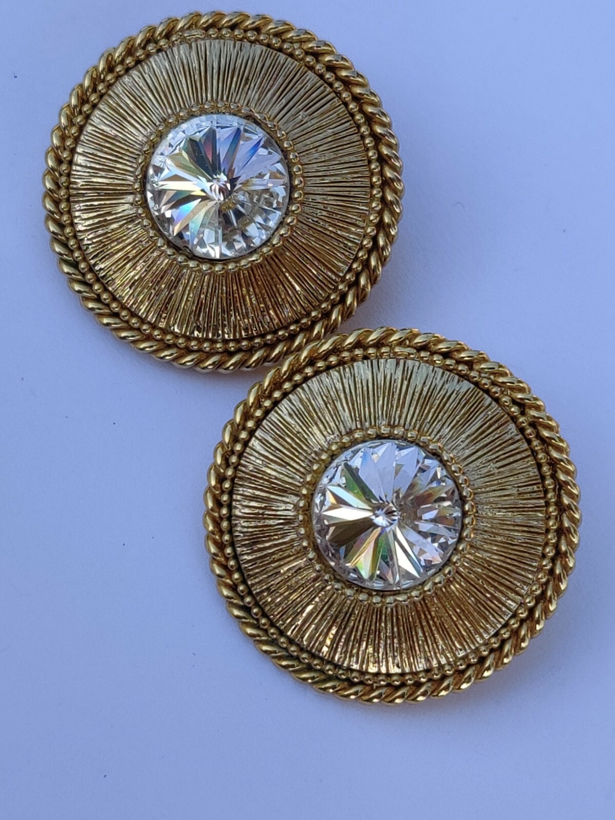 ORENA Paris France Couture Designer Brand Gold Tn Faceted Crystal Clip Earrings