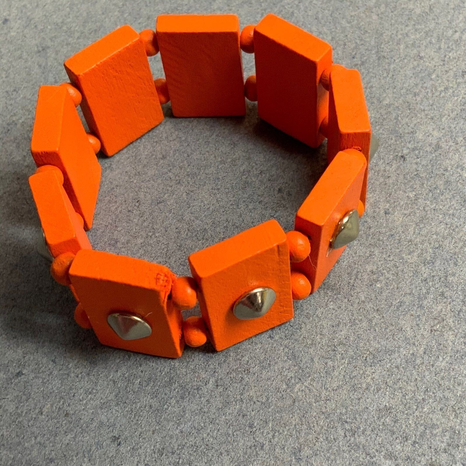 Pointed Stud Stretch Bracelet 7 In Orange Wood Block Silver Retro Punk Goth Emo