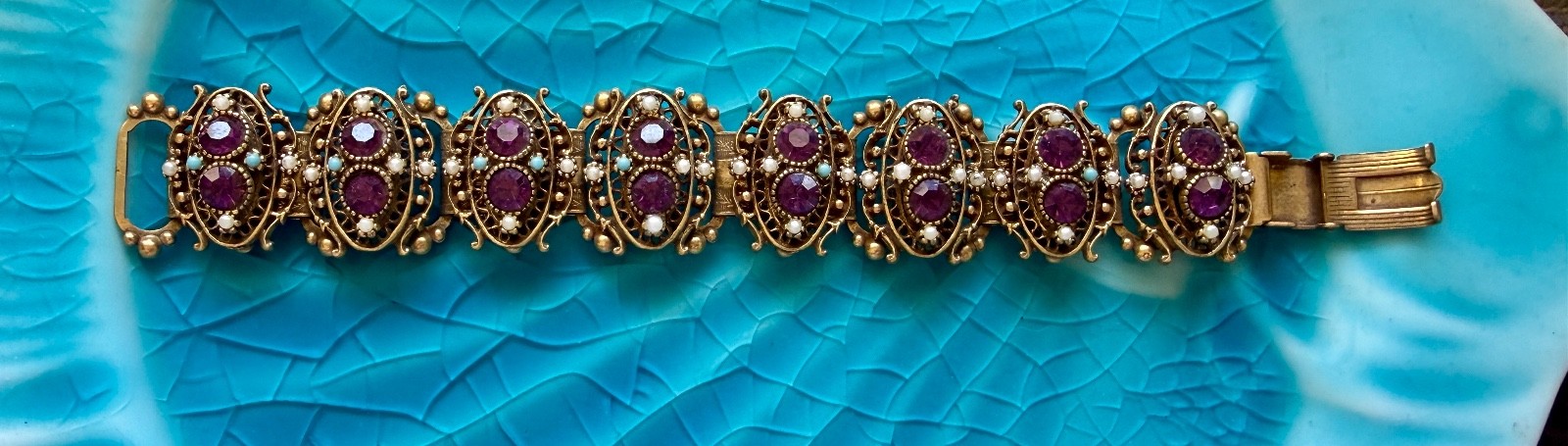 Fab Vintage Victorian Revival Cast Gold Wash Bracelet purple turquoise pearl