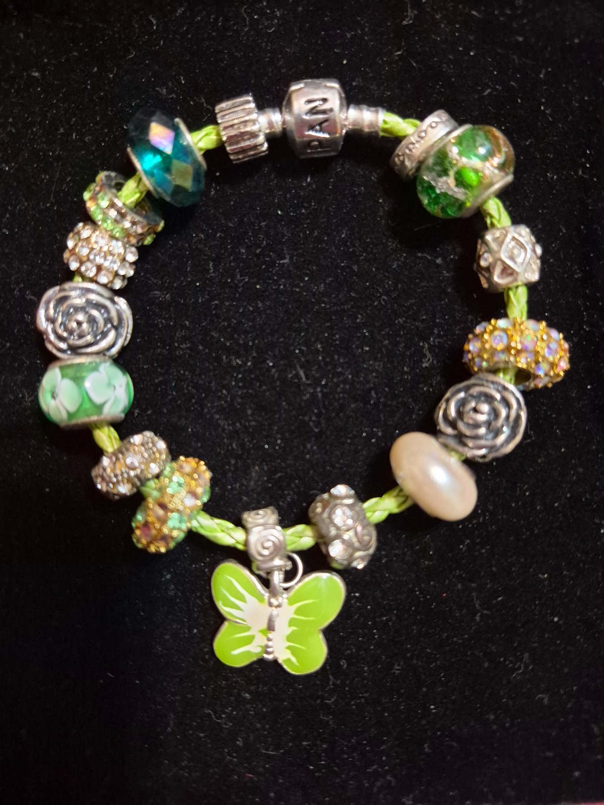 Pandora 7 3/4″ Leather Braid Bracelet Sterling Barrel Clasp & 18 Fancy Charms !!