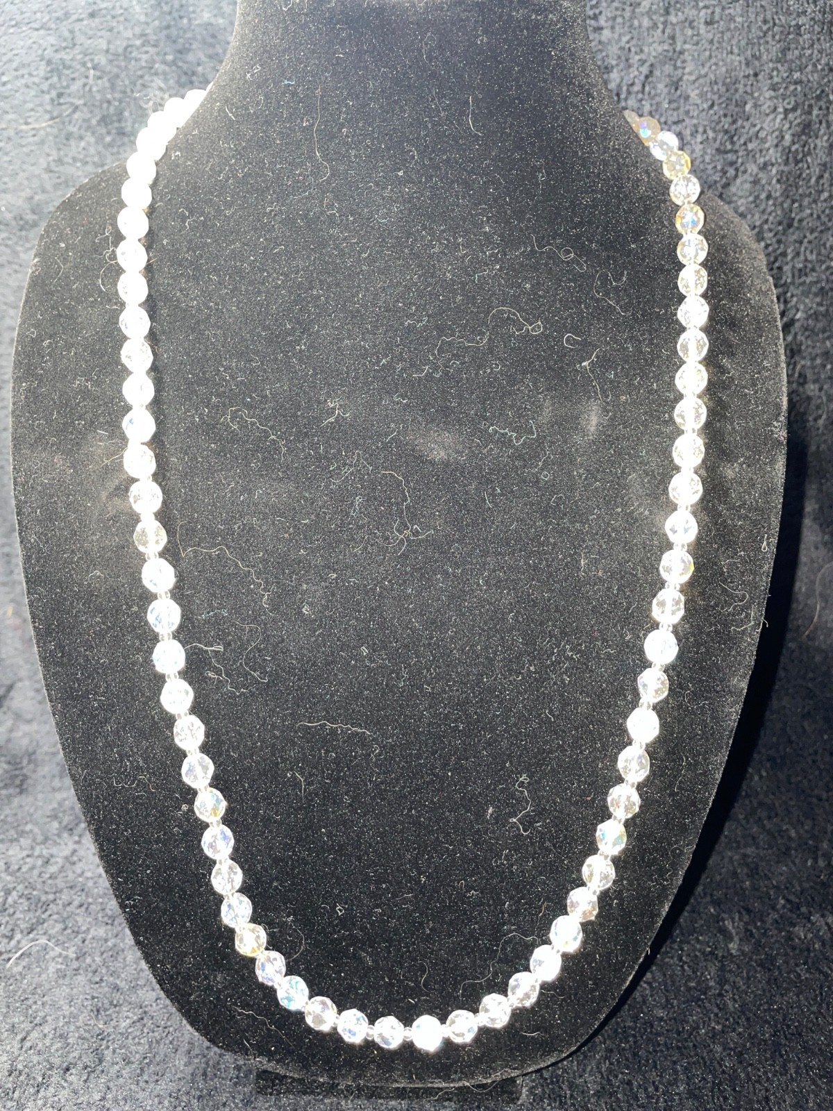 VTG Aurora Borealis Crystal Bead Necklace Clear AB Glass Faceted 30″