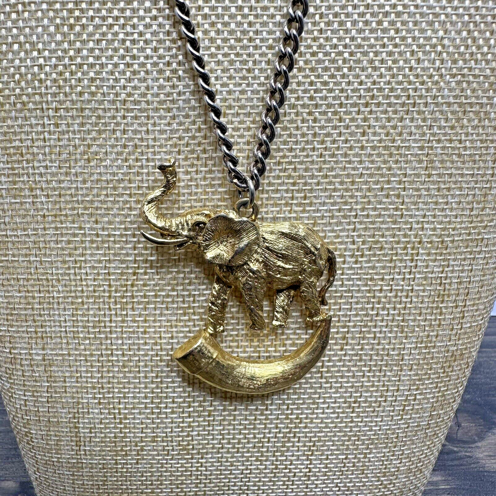 Vintage Elephant on Tusk Necklace Gold Tone Large Pendant Safari Estate Find