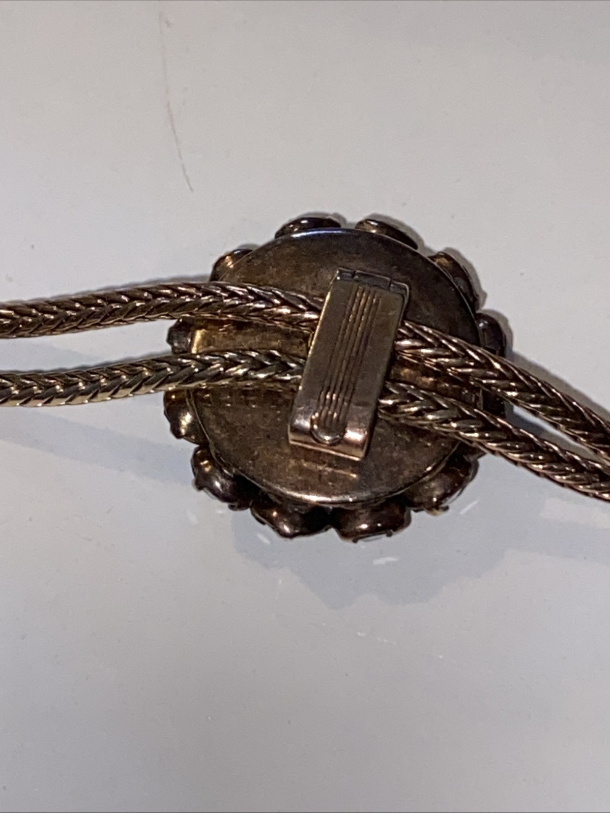 ANTIQUE VINTAGE SAPPHIRE CLEAR PASTE STONES BOLO FIX TAIL CHAIN NECKLACE 19 3/4”