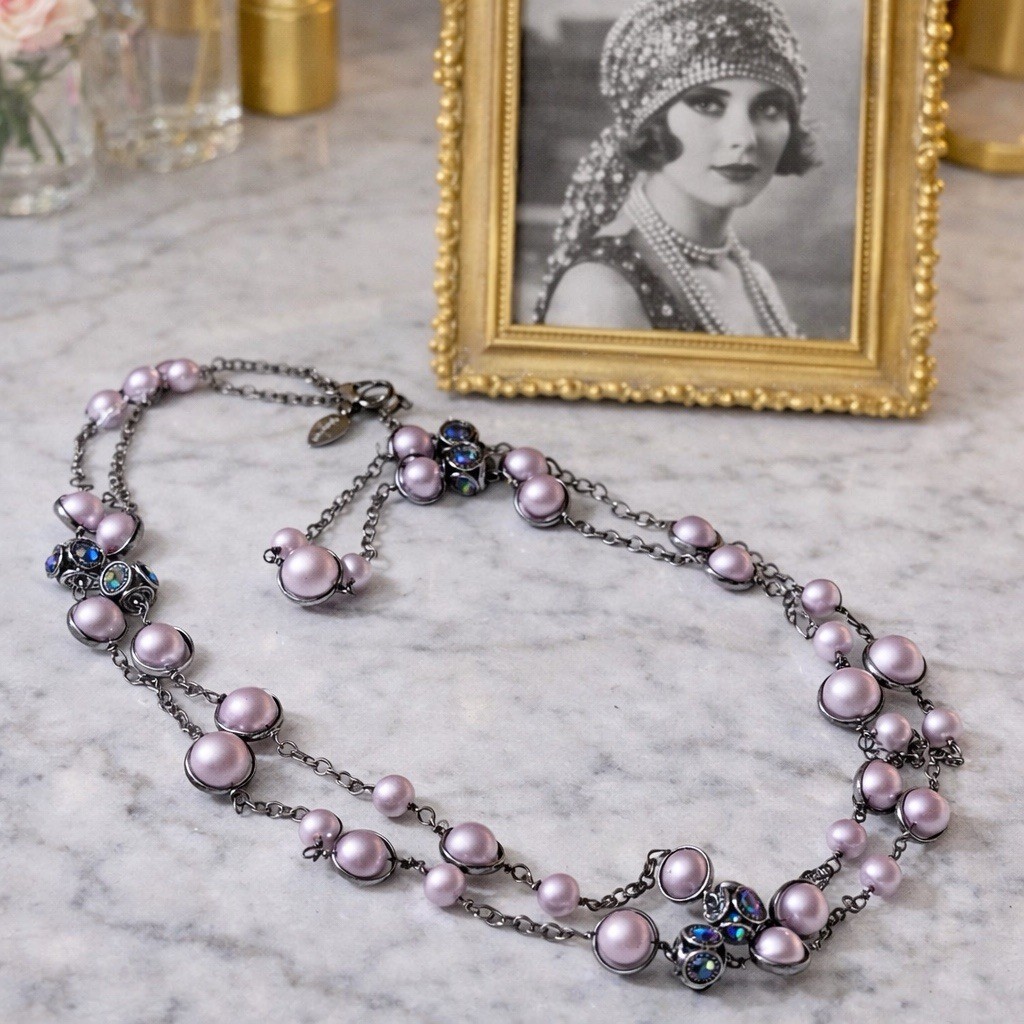 Vtg Coldwater Creek 52” Lavender Beaded Sautoir Necklace – AB Crystals -Gunmetal