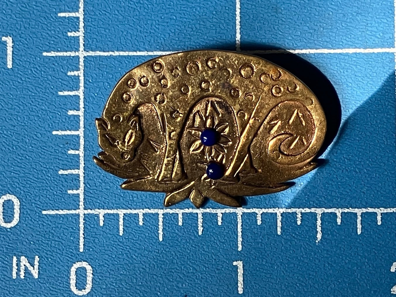 Vintage Leopard Brass Brooch Safari Jungle Lapis Lazuli Gold Wash Artisan Pin