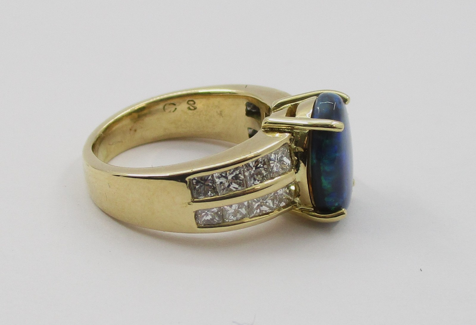 1.52CT Black Opal 0.88CTW Princess Cut Diamond Ring 14K Yellow Gold Size 4