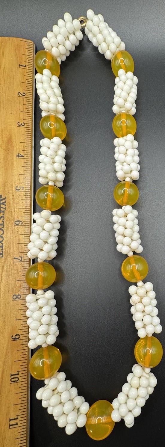 VTG. WHITE LUCITE & Golden Yellow BEADED Statement NECKLACE 80s