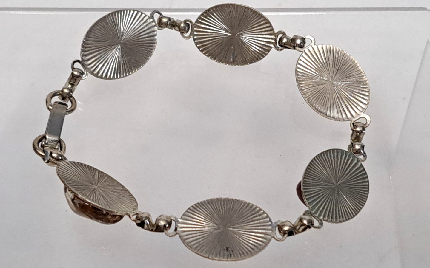 Vintage Silver Tone Tennis Bracelet Natural Precious Polished Stone Agates Color