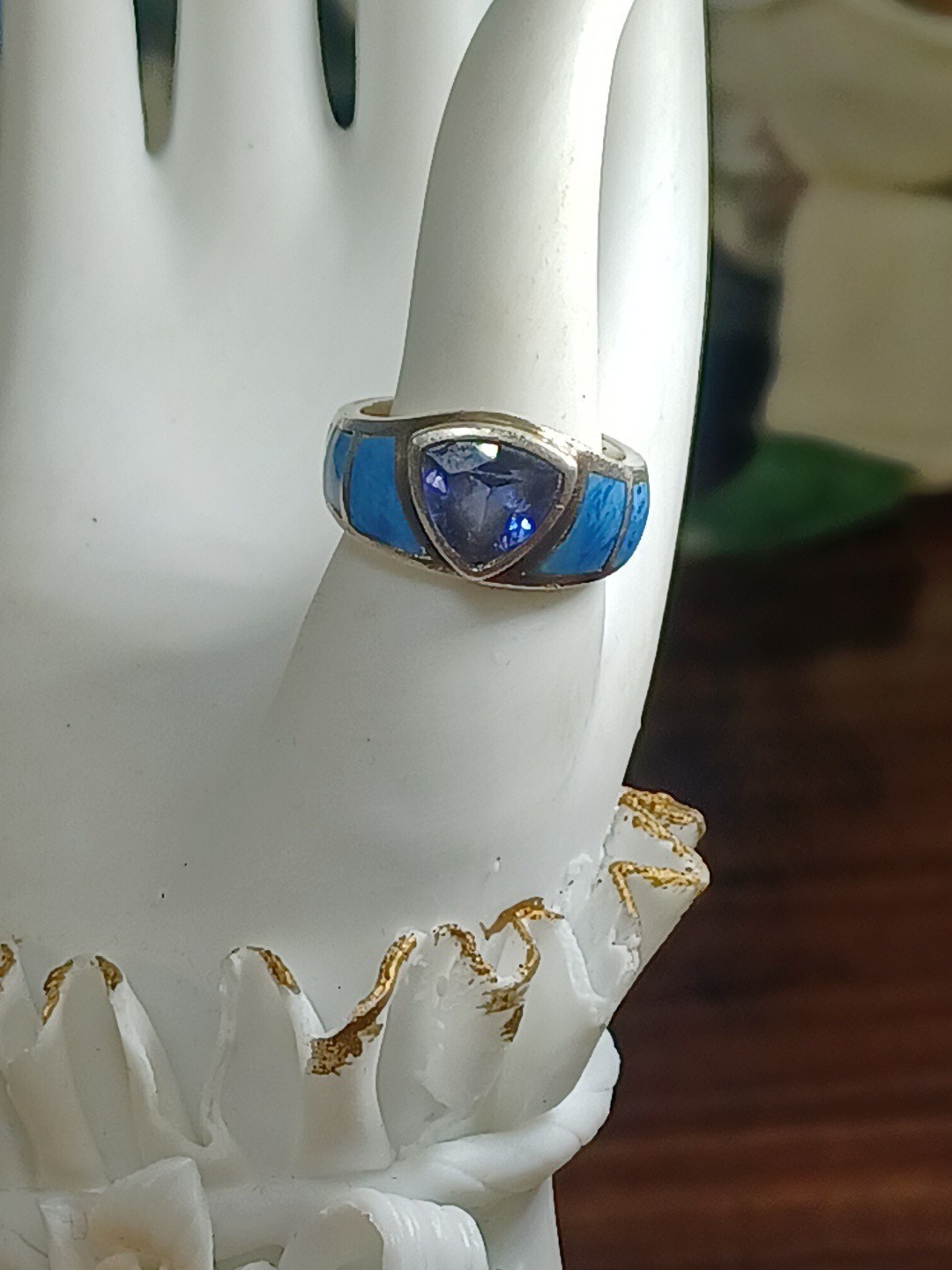 Vintage Sterling Silver Ring Blue Topaz Trillion Cut Stone Turquoise Accents