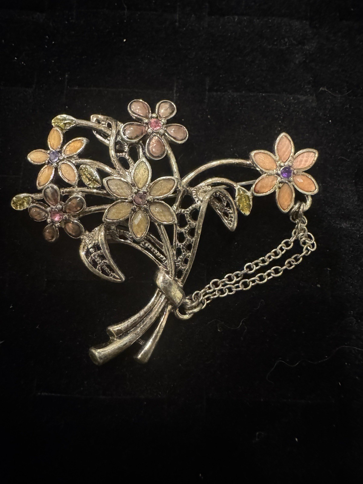 Vintage Floral Bouquet Brooch Enamel Rhinestone Gold Tone Flower Pin Chain