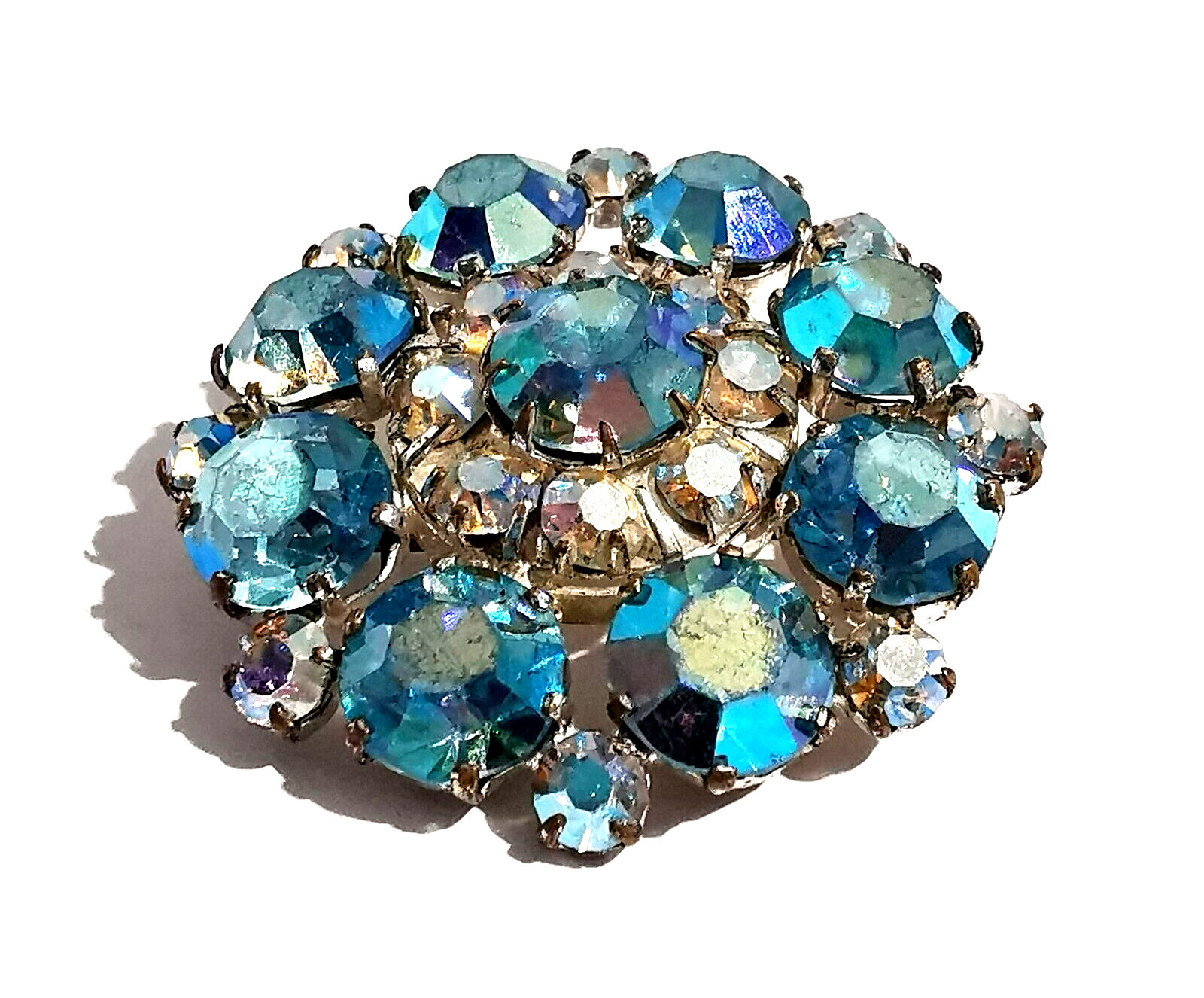 Vintage Czech Brooch Blue and Clear Colorless Dragon Breath Rhinestones Glass