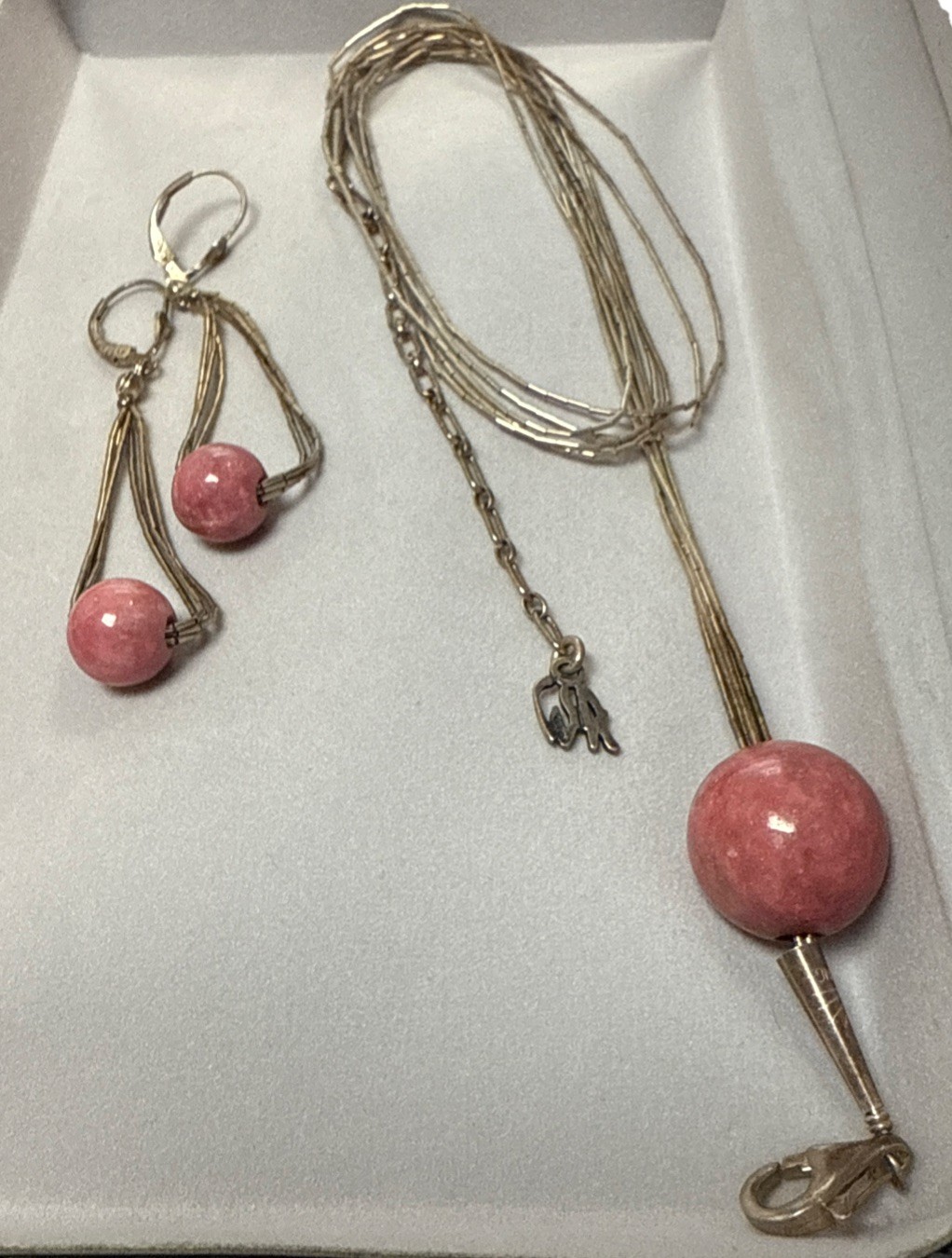 POLLACK HSN LIQUID SILVER PINK GEMSTONE BALL BEAD PENDANT NECKLACE EARRINGS SET