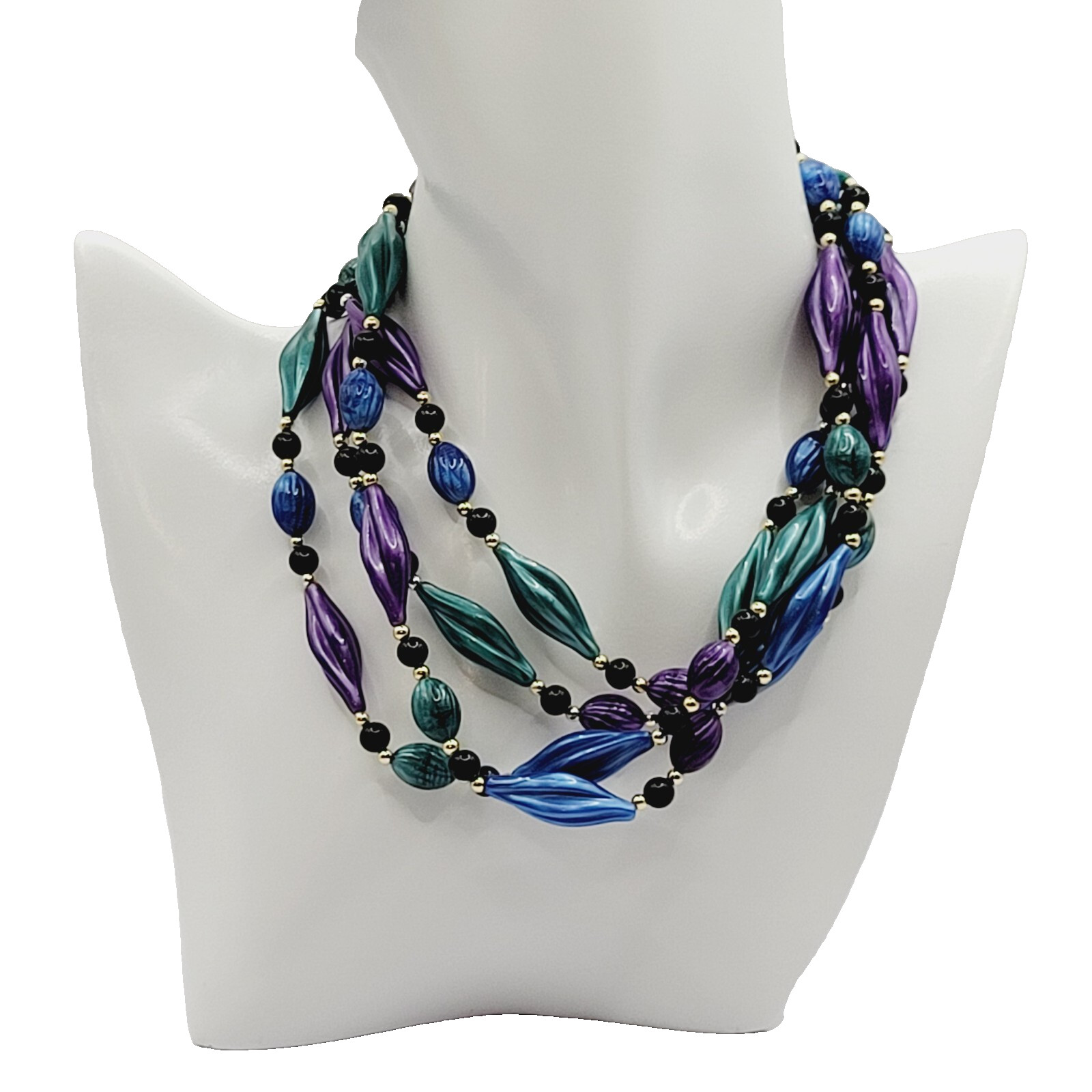 Peacock Colors Purple & Blues Gold Tone Acrylic Lucite Beaded Vintage Necklace