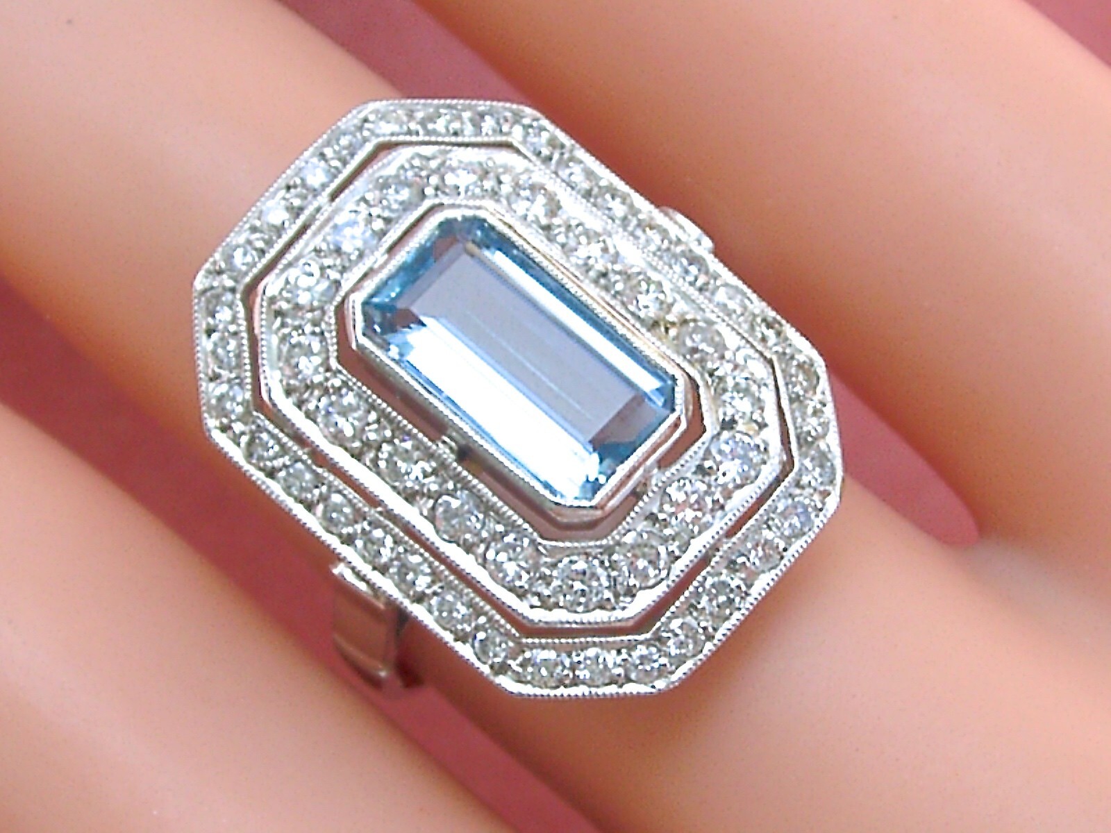 ESTATE DECO 1.55ct AQUAMARINE 1ctw OLD DIAMOND PLATINUM COCKTAIL RIGHT-HAND RING