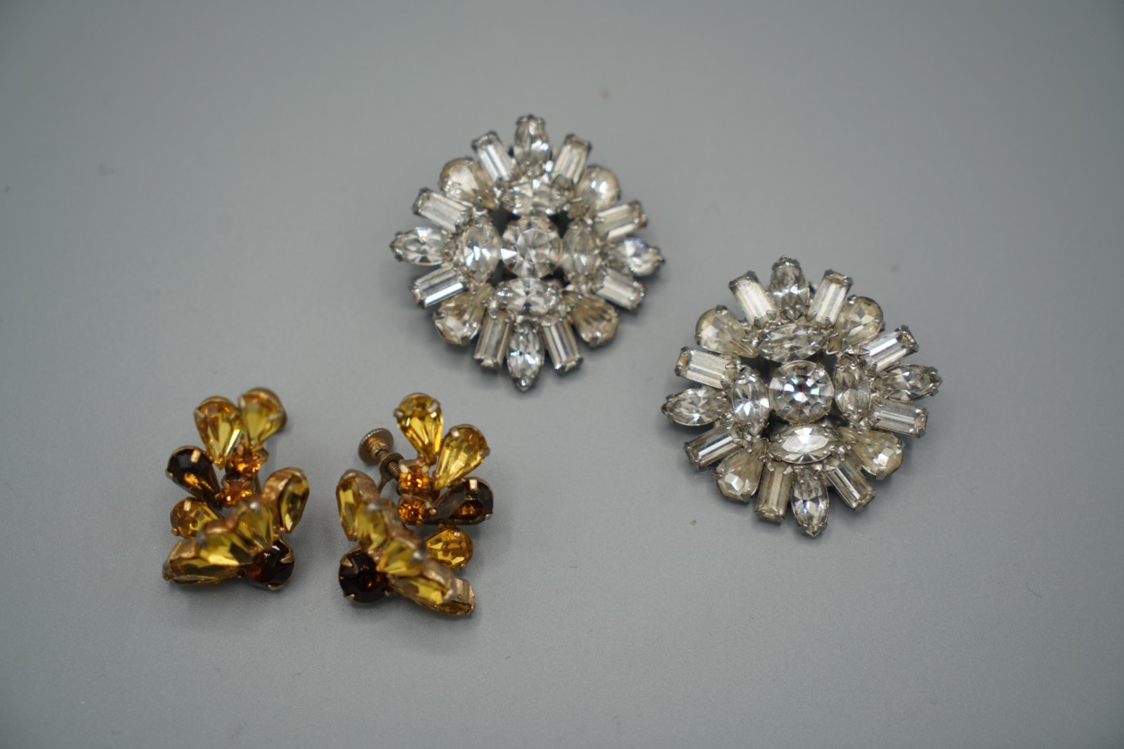 Vintage Rhinestone Clip On/ Screw Back Earrings-Clear/Silver-Topaz/Citrine Color