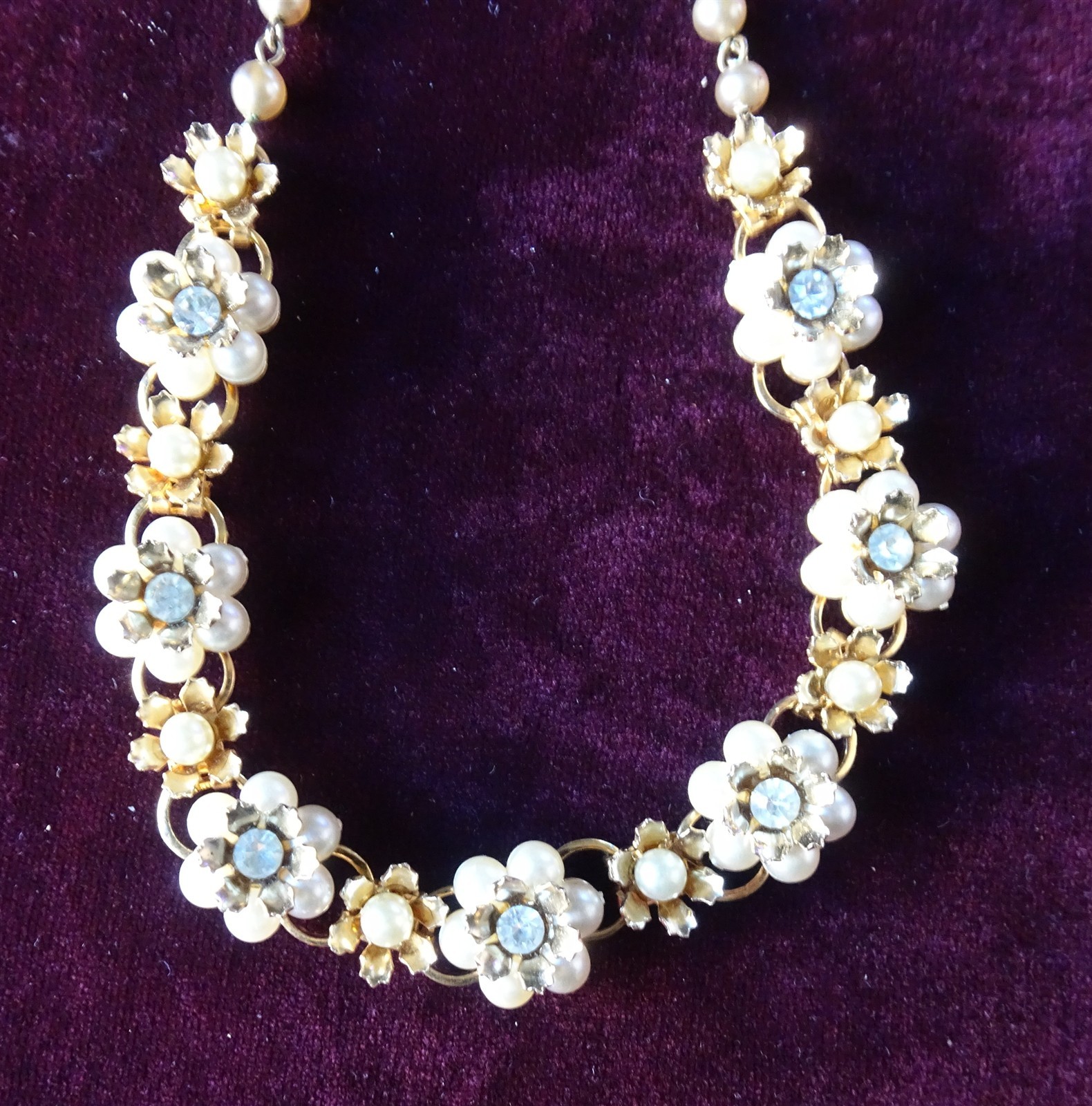Vintage Gold Tone Necklace with Faux Pearl & Diamond Flowers, Ball & Hook Clasp