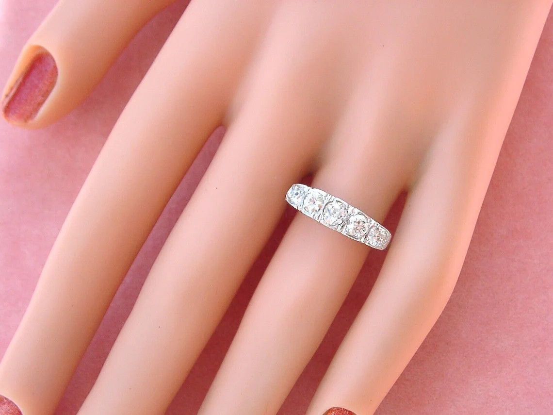 Five Stone 1 CTW White Round Simulated Diamond Antique Art Deco 925 Silver Ring