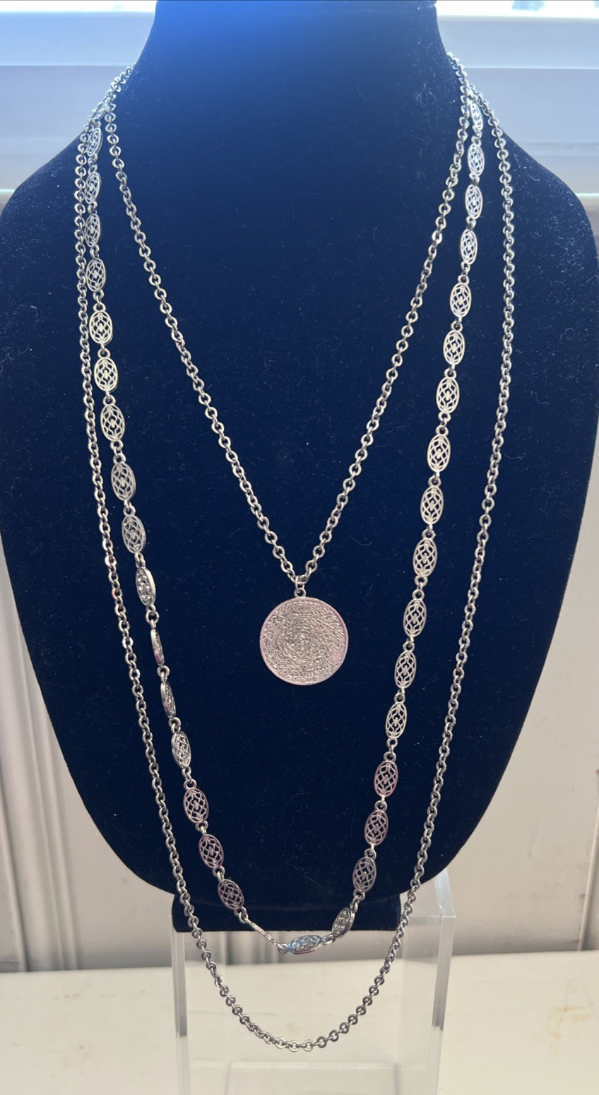 Vintage Silver Tone Triple Stand Filigree Necklace