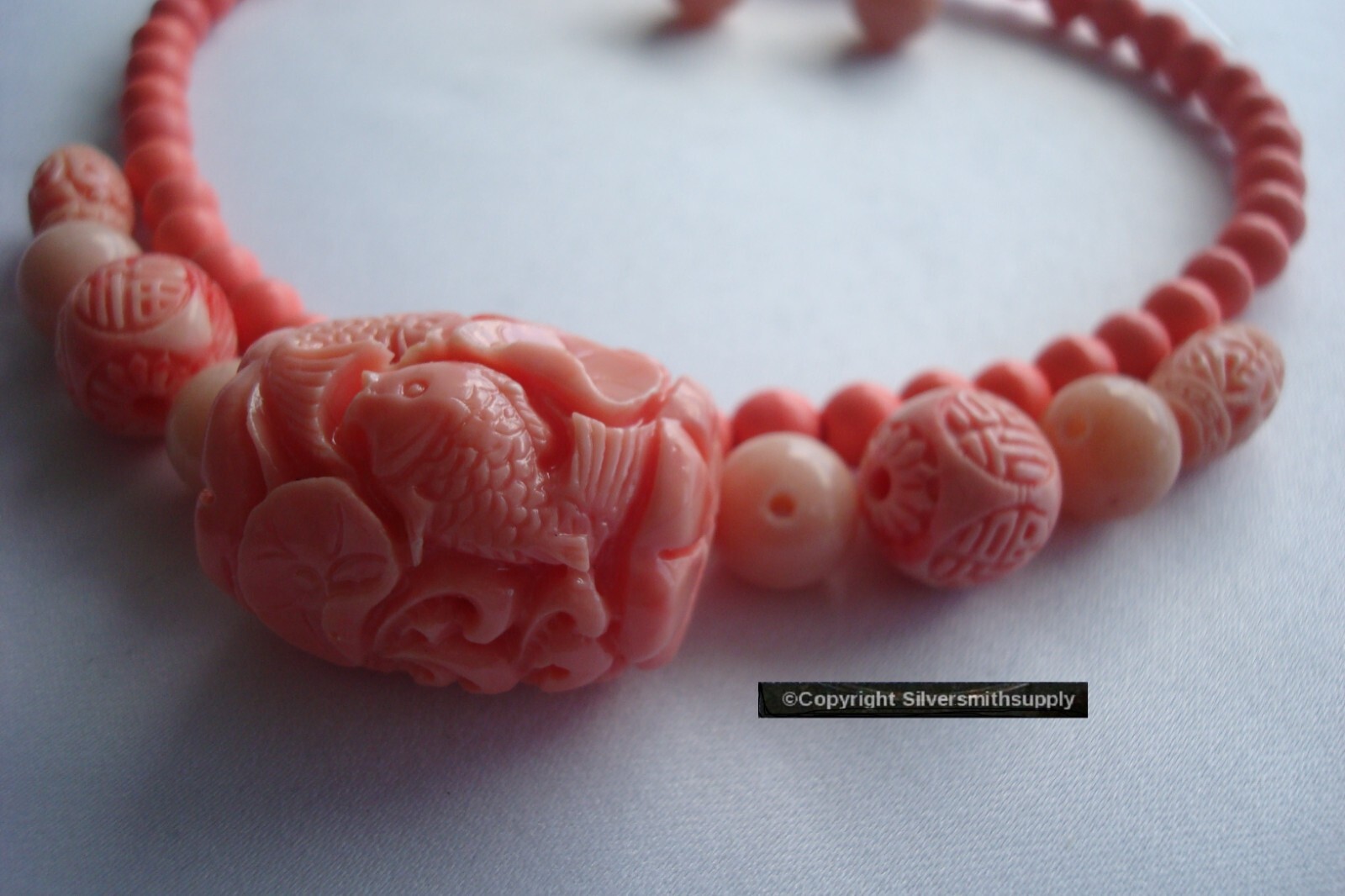 5 Carved Angel Skin Faux Coral Beads Huge 30x22mm Center 68pcs 6mm 16″ KIT012