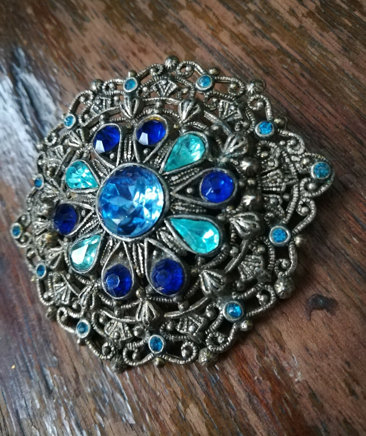 New England Glass Works Antique Brooch Pin Shades of Blue Rhinestones Filigree