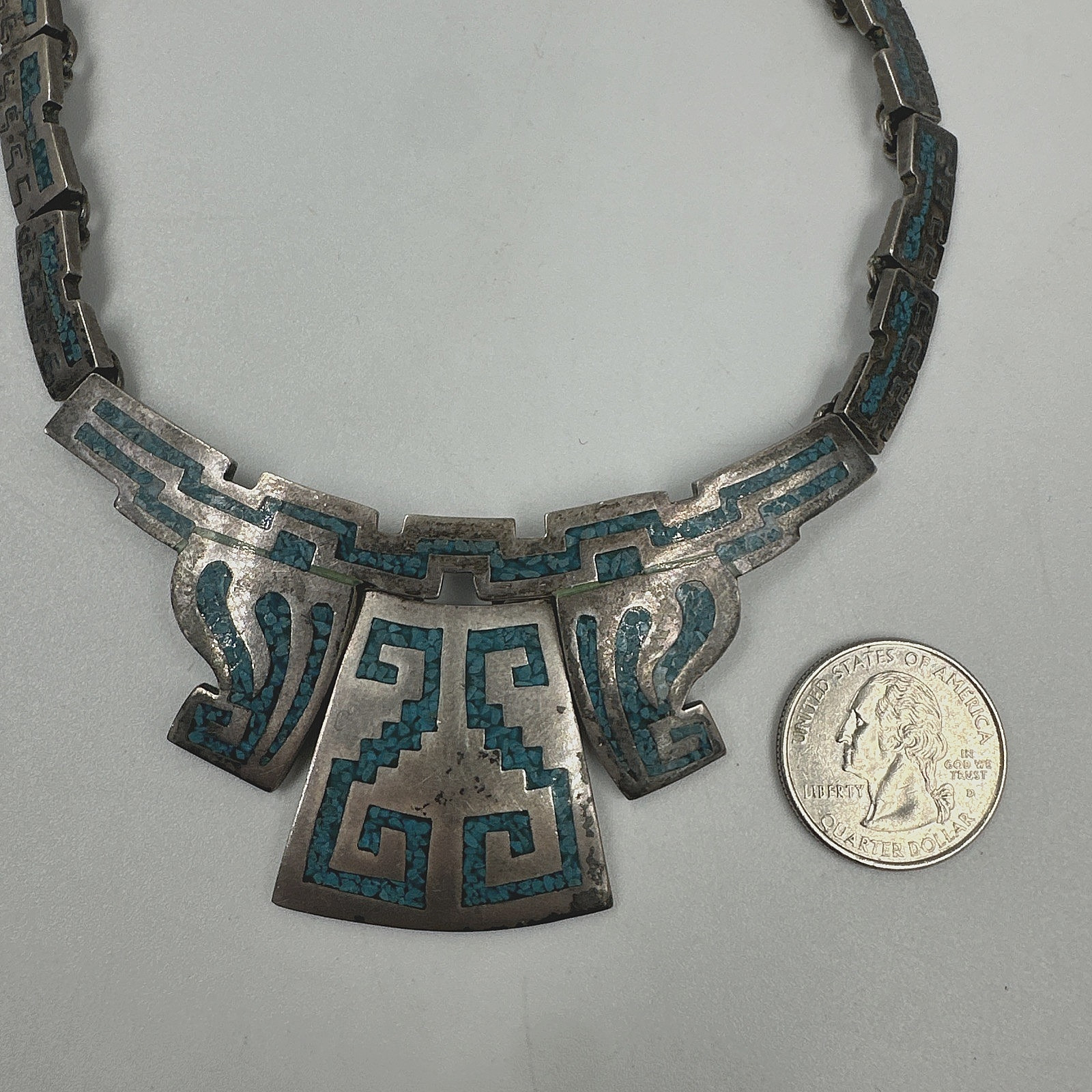 Vtg Taxco Sterling Turquoise Chip Inlay Panel Necklace 16.5″ 91.5g Signed PVB