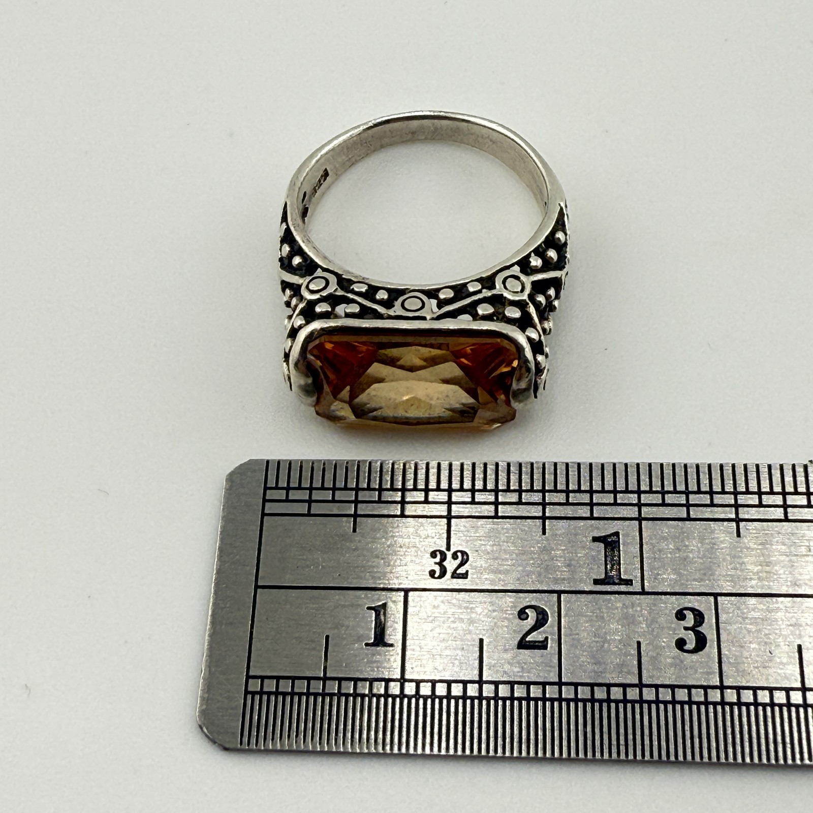 Vintage 925 Sterling Silver Citrine Colored CZ Filigree Etched Ball Faceted Ring
