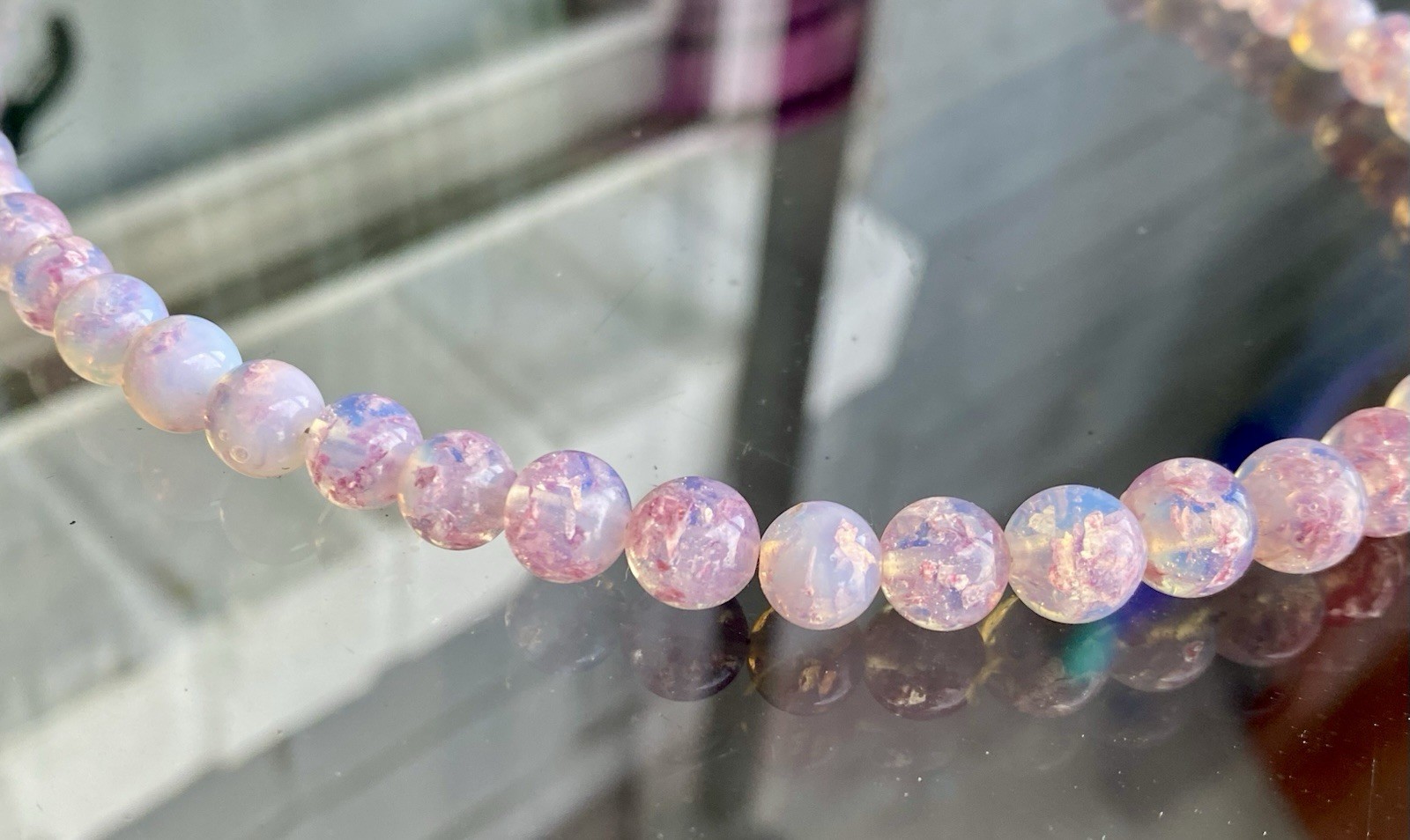 Vtg Opalescent Foil Pink Blue Glass Graduated Necklace Sterling Silver Clasp
