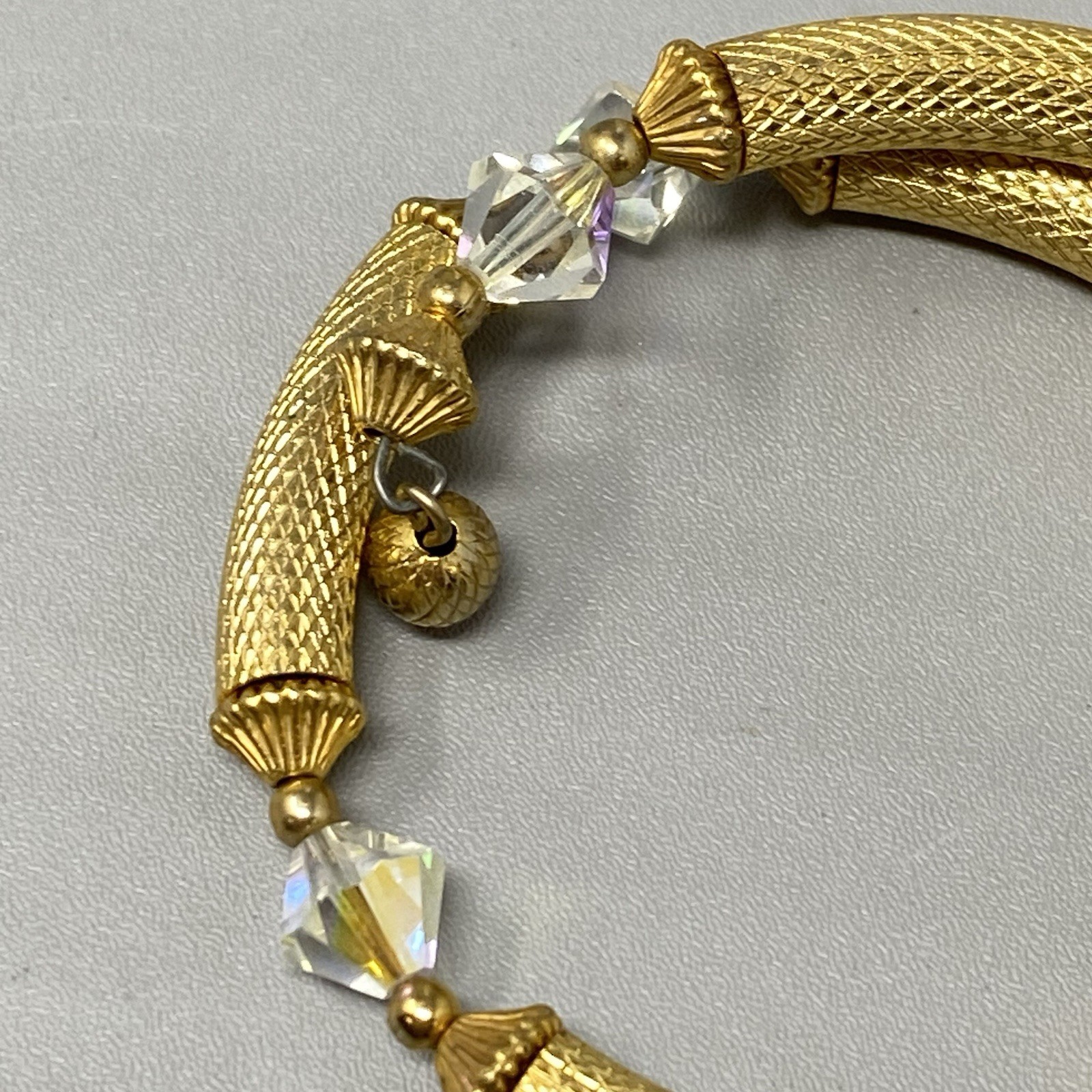 Gold Tone Tube Wrap Bracelet Crystal Bicone Aurora Borealis Bead Accents VTG
