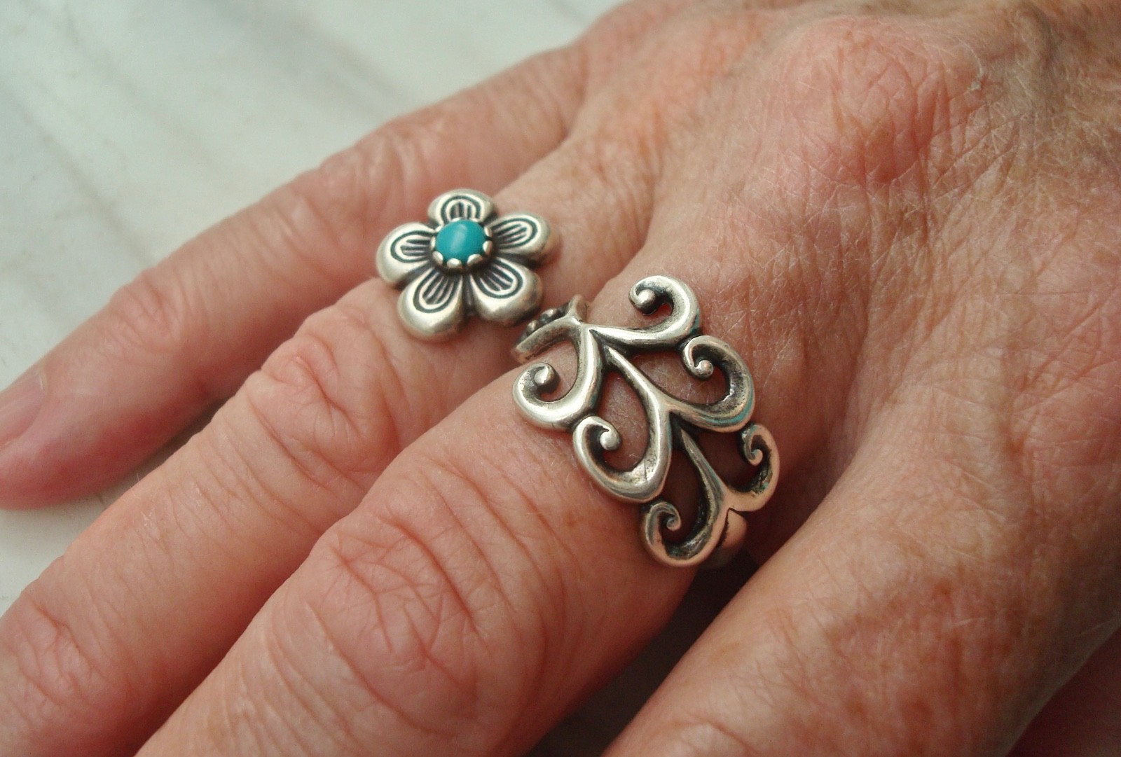 Vintage CAROLYN POLLACK STERLING Silver FLOWER Turquoise DOUBLE RING Size 9/7.5
