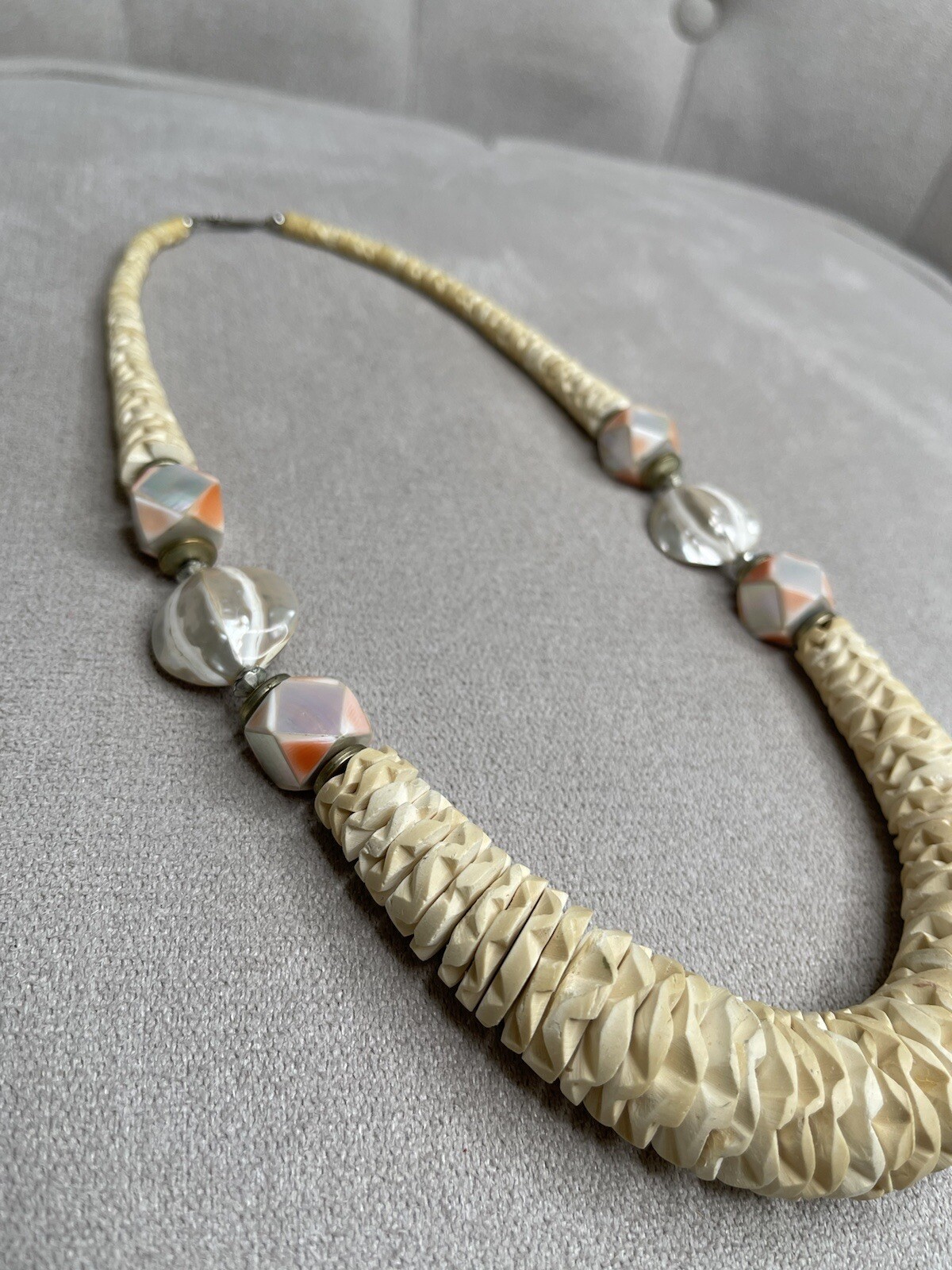 Vintage Mid Century Large Statement Necklace Chunky Boho Shell Hand Carved