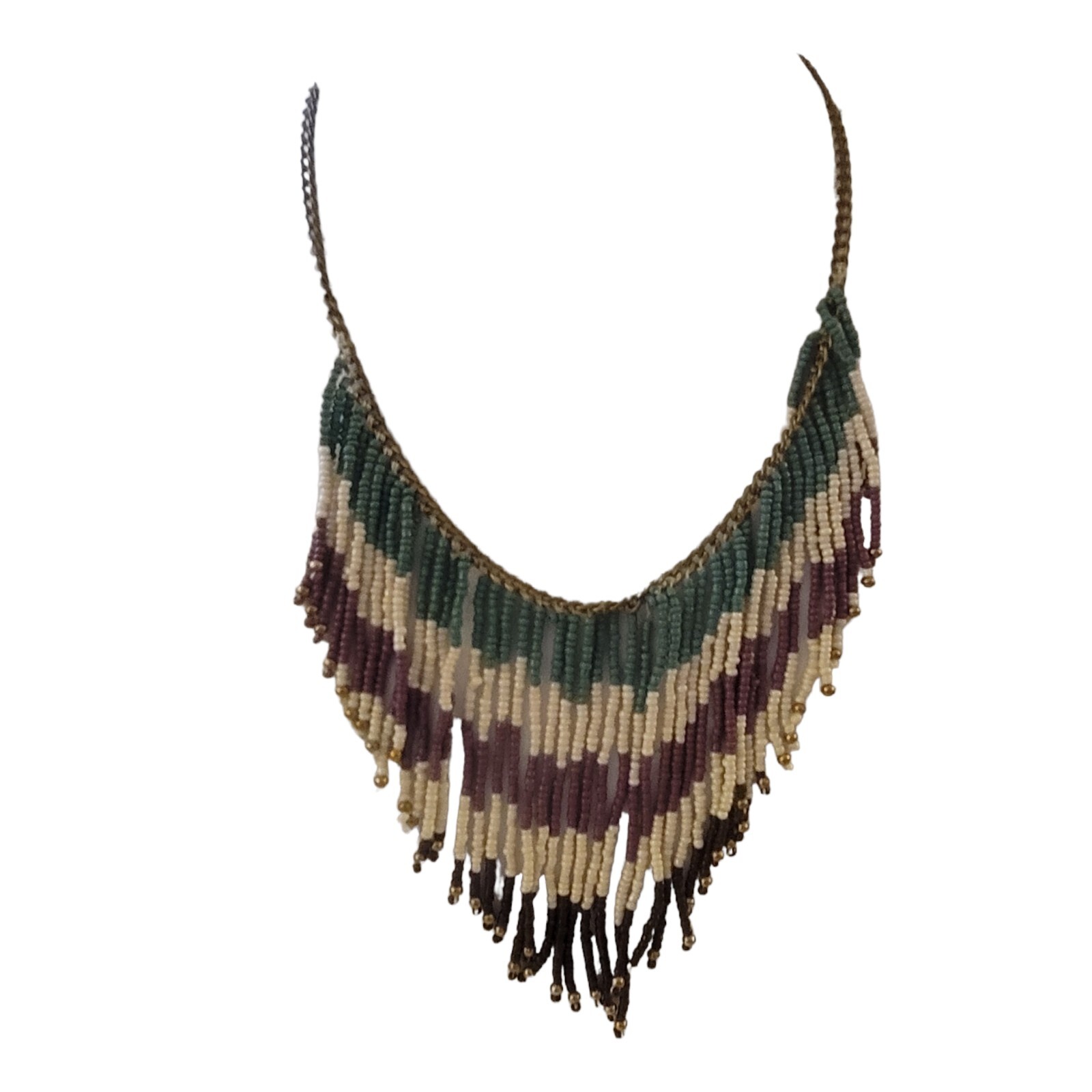 Vintage Fringe Bib Green Brown Seed Bead Necklace Boho Southwest