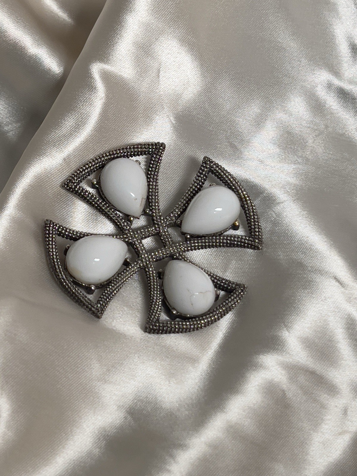 Vintage Tortolani Silver Tone Brooch – Cross Design with White Cabochons