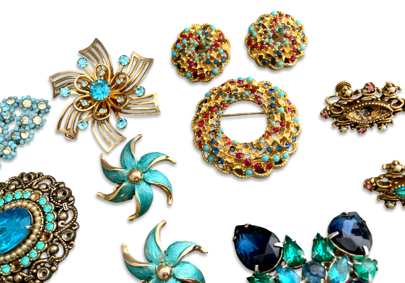 Vintage Blue Rhinestone Costume Jewelry Repair Lot, Brooch Earrings Bracelet Pin