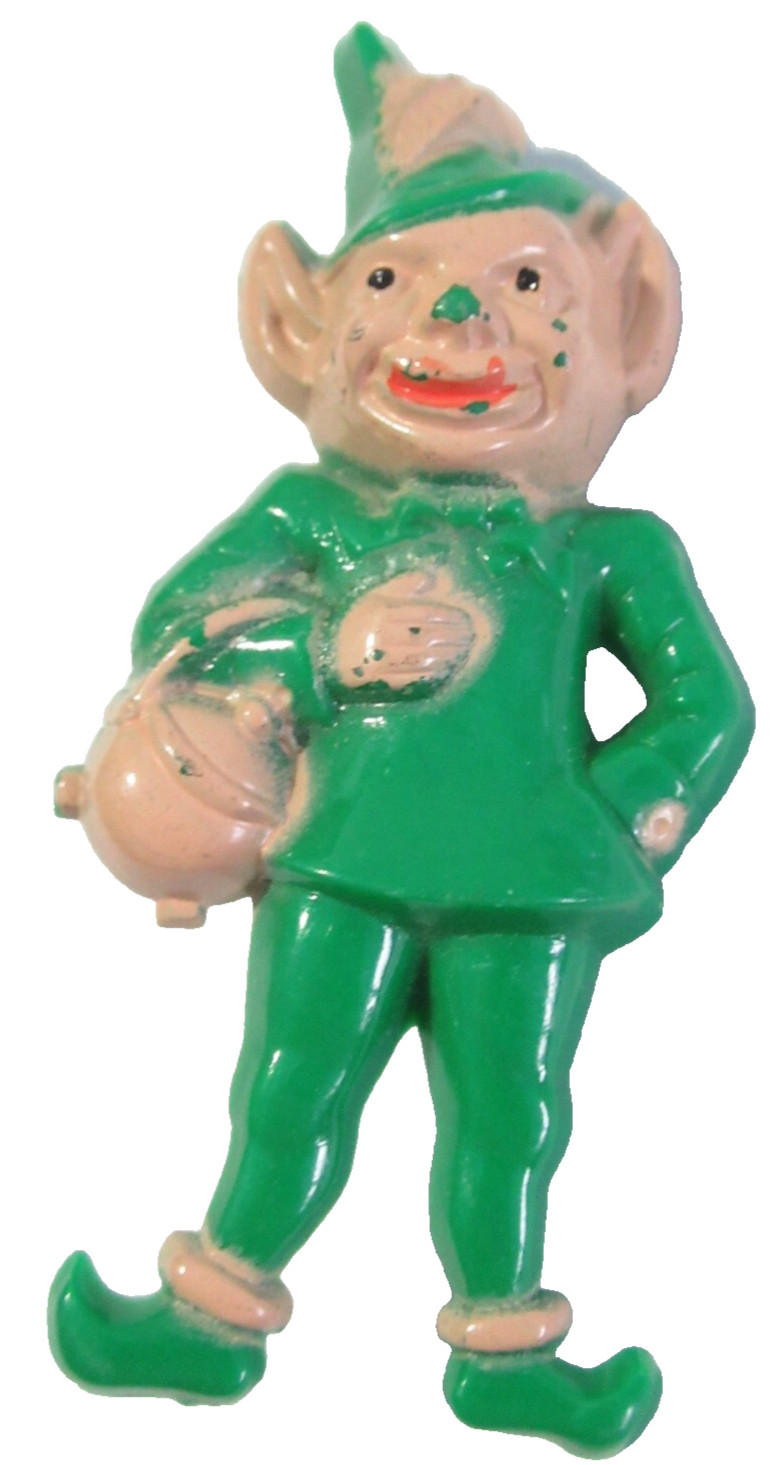 GREEN AND BEIGE CELLULOID VINTAGE LEPRECHAUN ST. PADDY’S DAY ST. PATRICK’S DAY