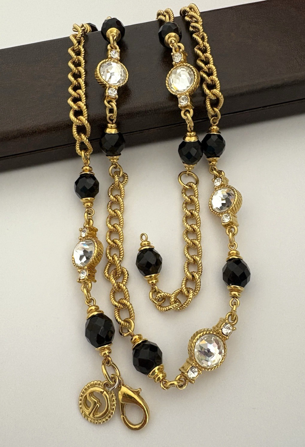 Vintage St. John Necklace Thick Textured Gold Tone Chain Black Clear Glass Beads