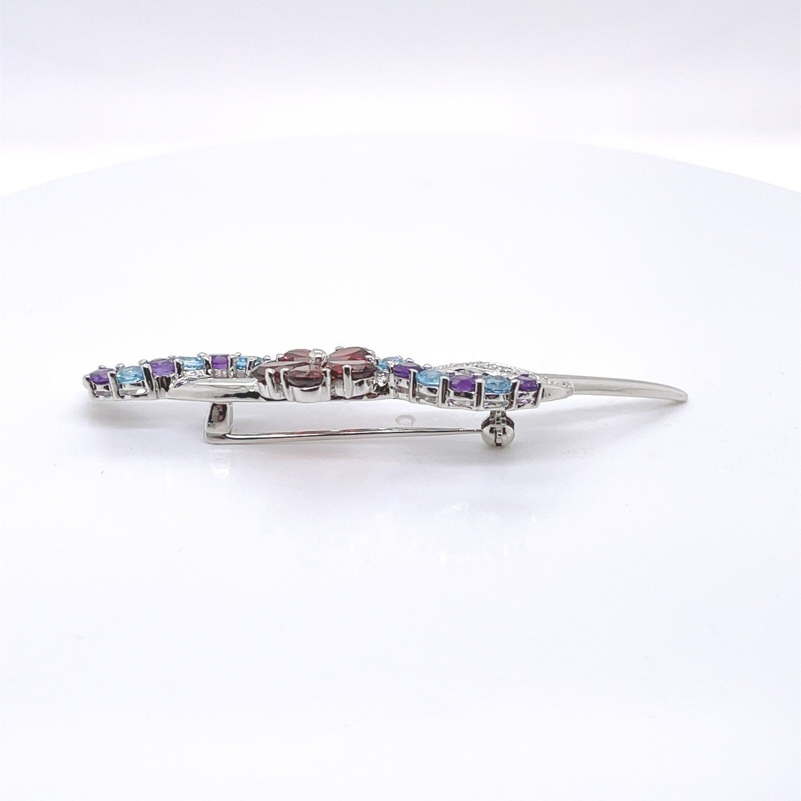 14 Karat White Gold, Diamond, Spinel, Amethyst, & Garnet Flower Brooch – 14k VR