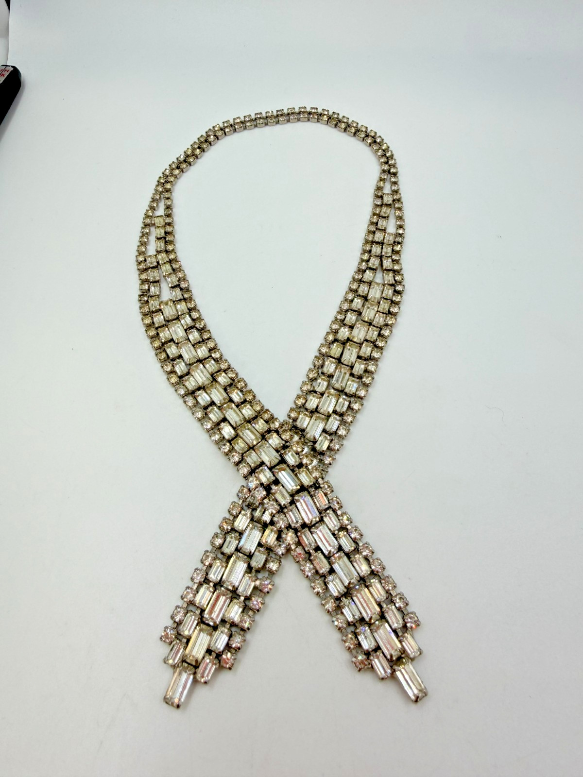 Vintage Necklace Rhinestone Crossover Snap Clear Statement 16 in PJ