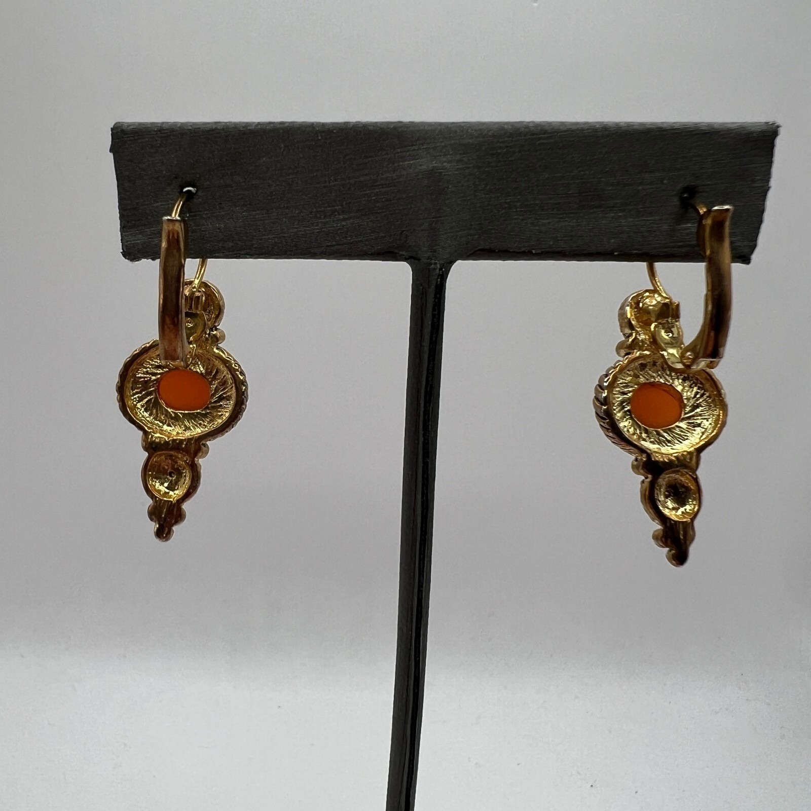 Vintage Pierced Dangle Earrings Clear Crystal Orange Acrylic Stone Drop