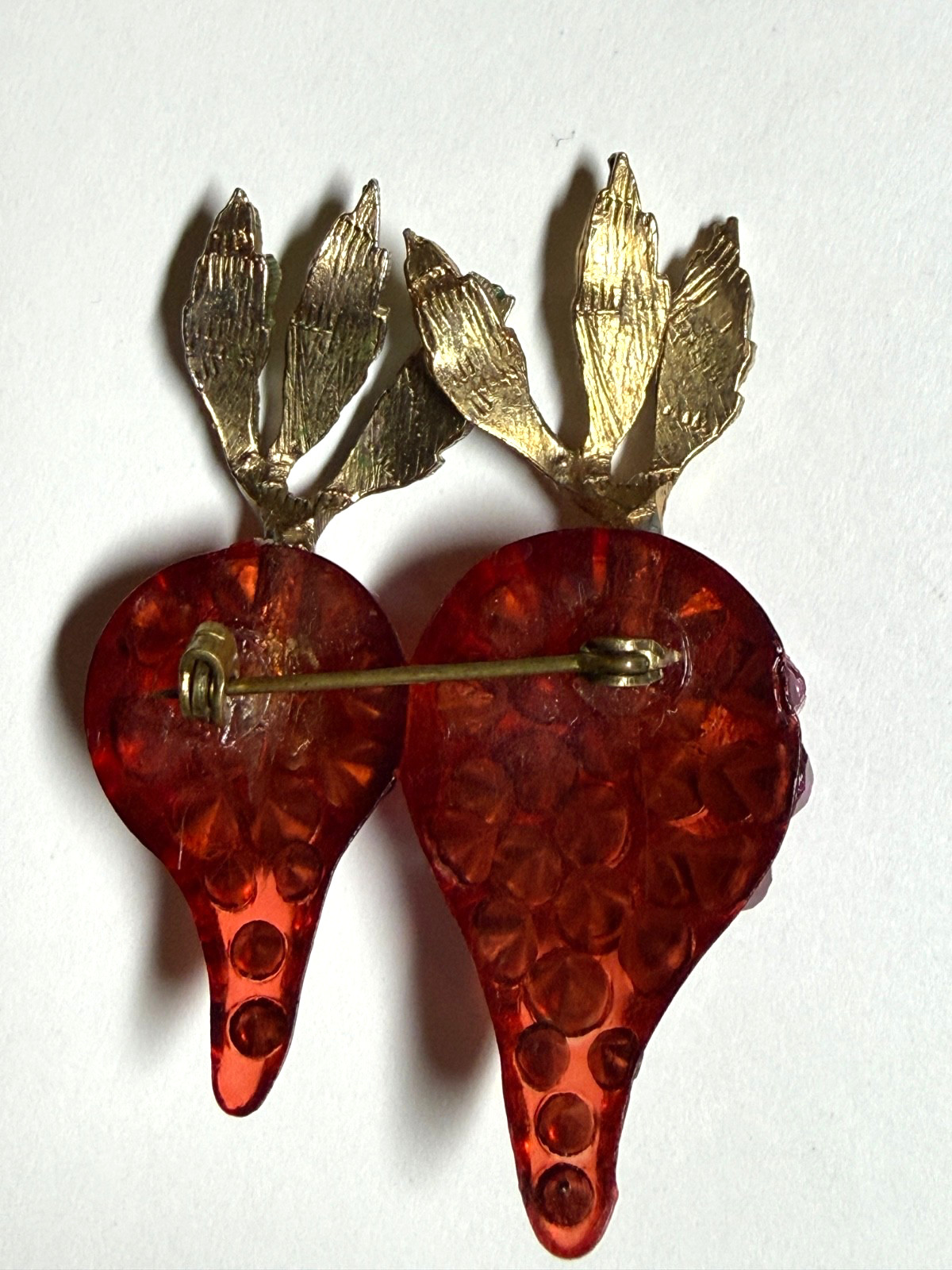 Vintage Forbidden Fruit radish brooch RARE lucite hot pink rhinestones enameled