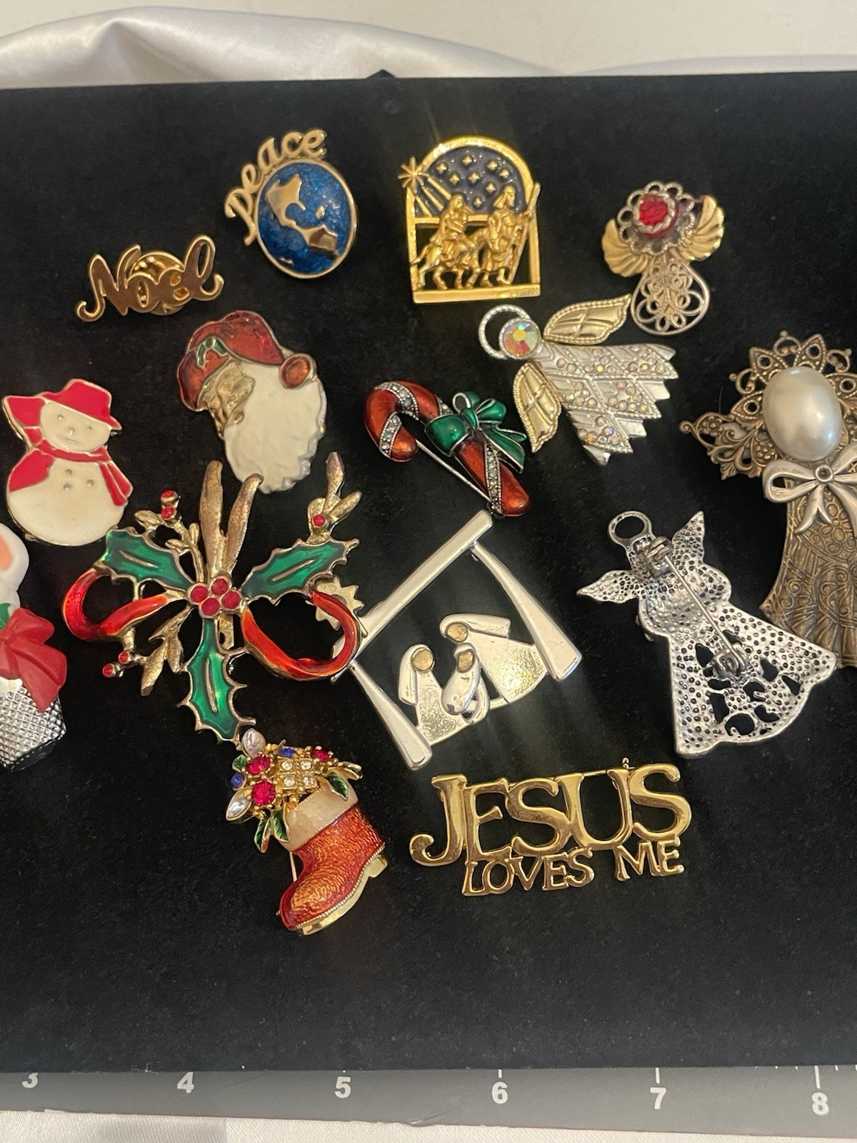 VTG Christmas Brooch Pin Lot ENAMEL RHINESTONE Santa Angel Cane Wise Men Noel