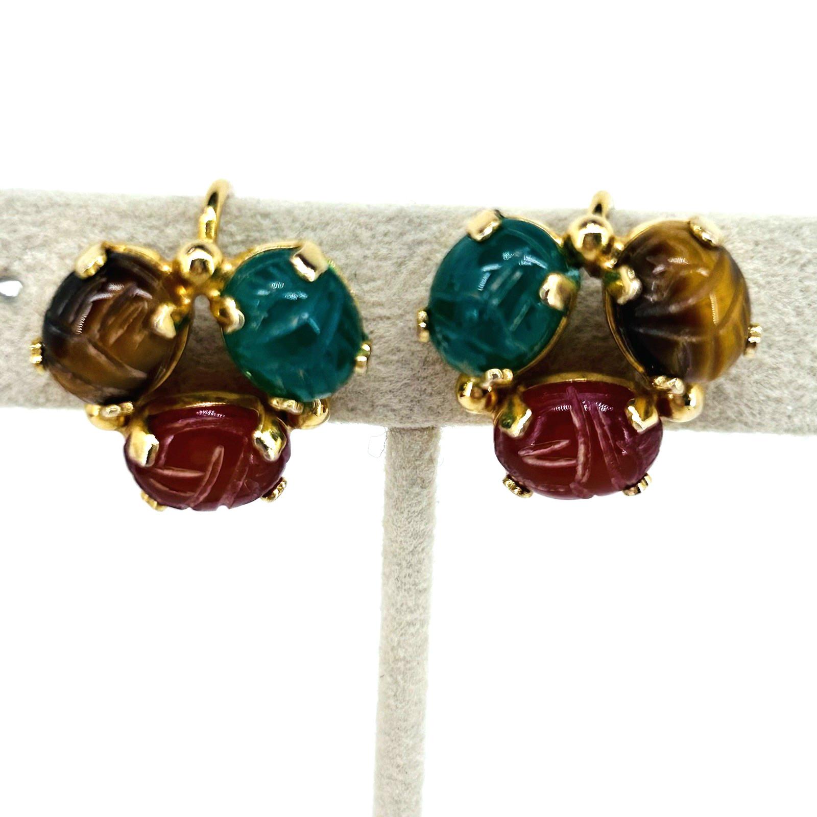 12K Gold Filled VTG Burt Casell Screw Back Earrings Jade Carnelian Tiger’s Eye