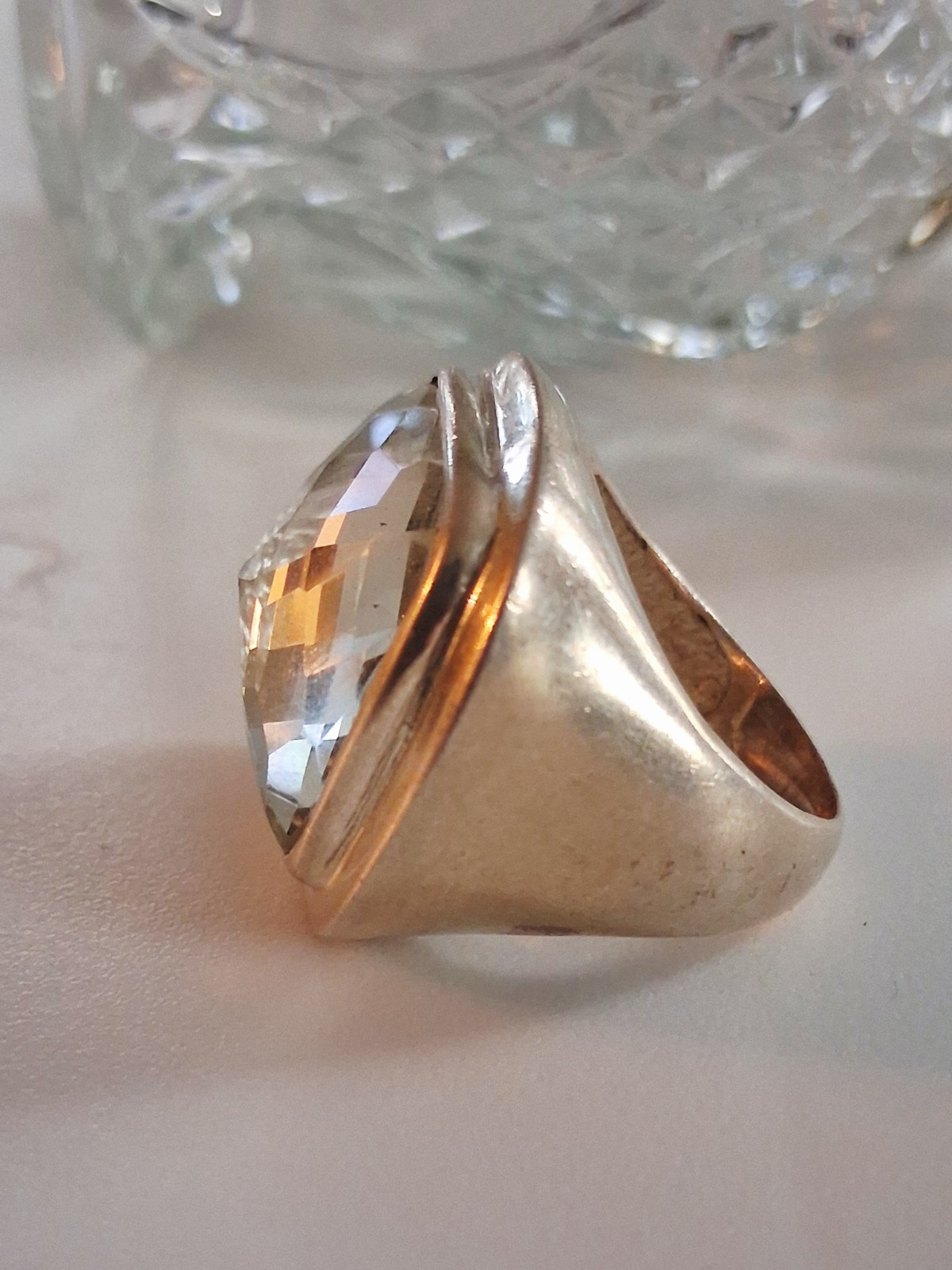 Huge Vintage Rock Crystal Clear Quartz Statement Ring Size 7.5 Sterling Silver
