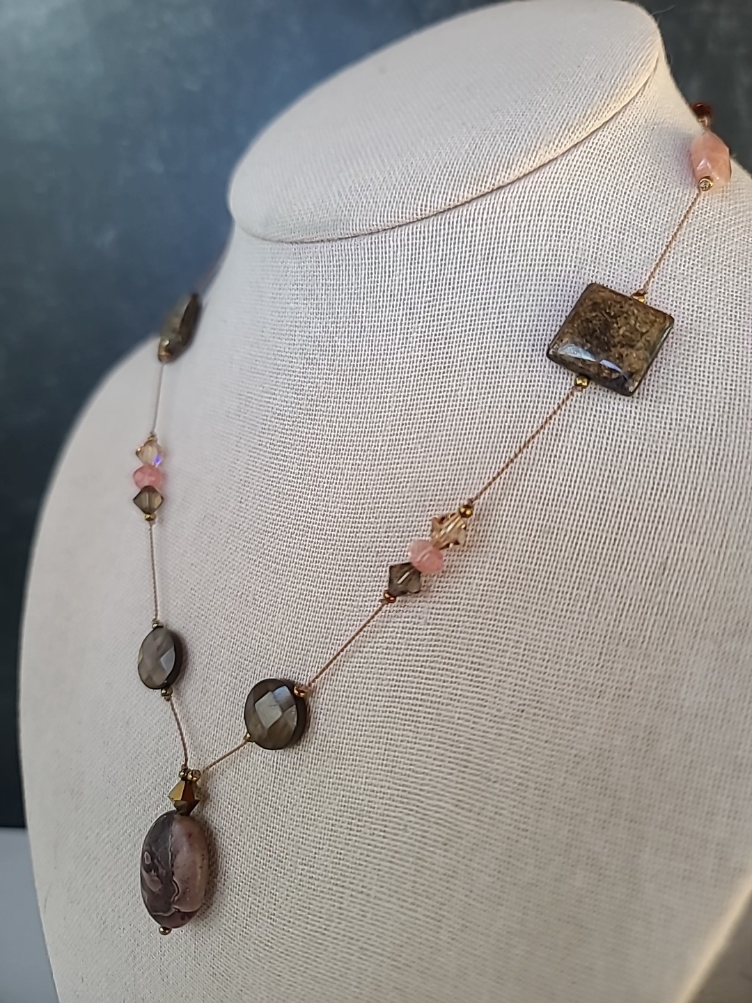 925 Sterling Rhodochrosite, Jasper & Bronzite Beaded Station Pendant Necklace