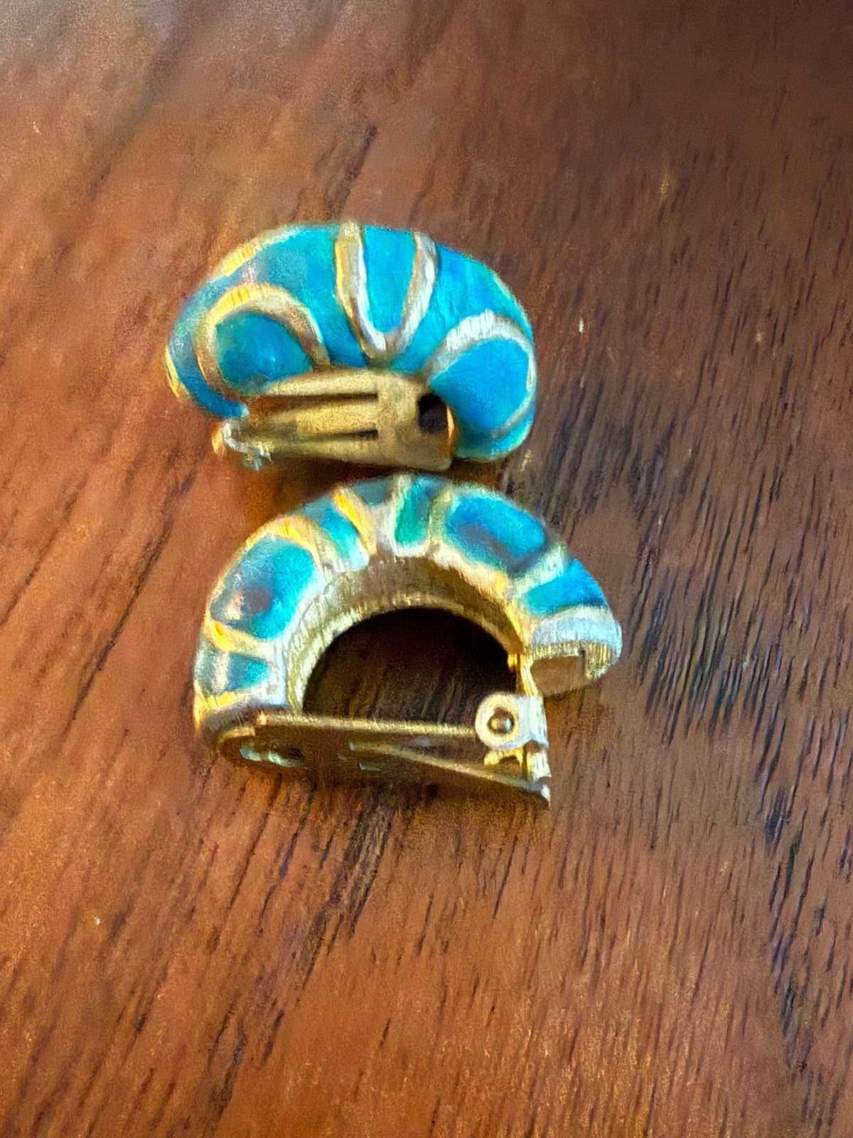 Vintage Orena Paris Teal French Enamel Clip Earrings Brass Boho Swirl 1970s