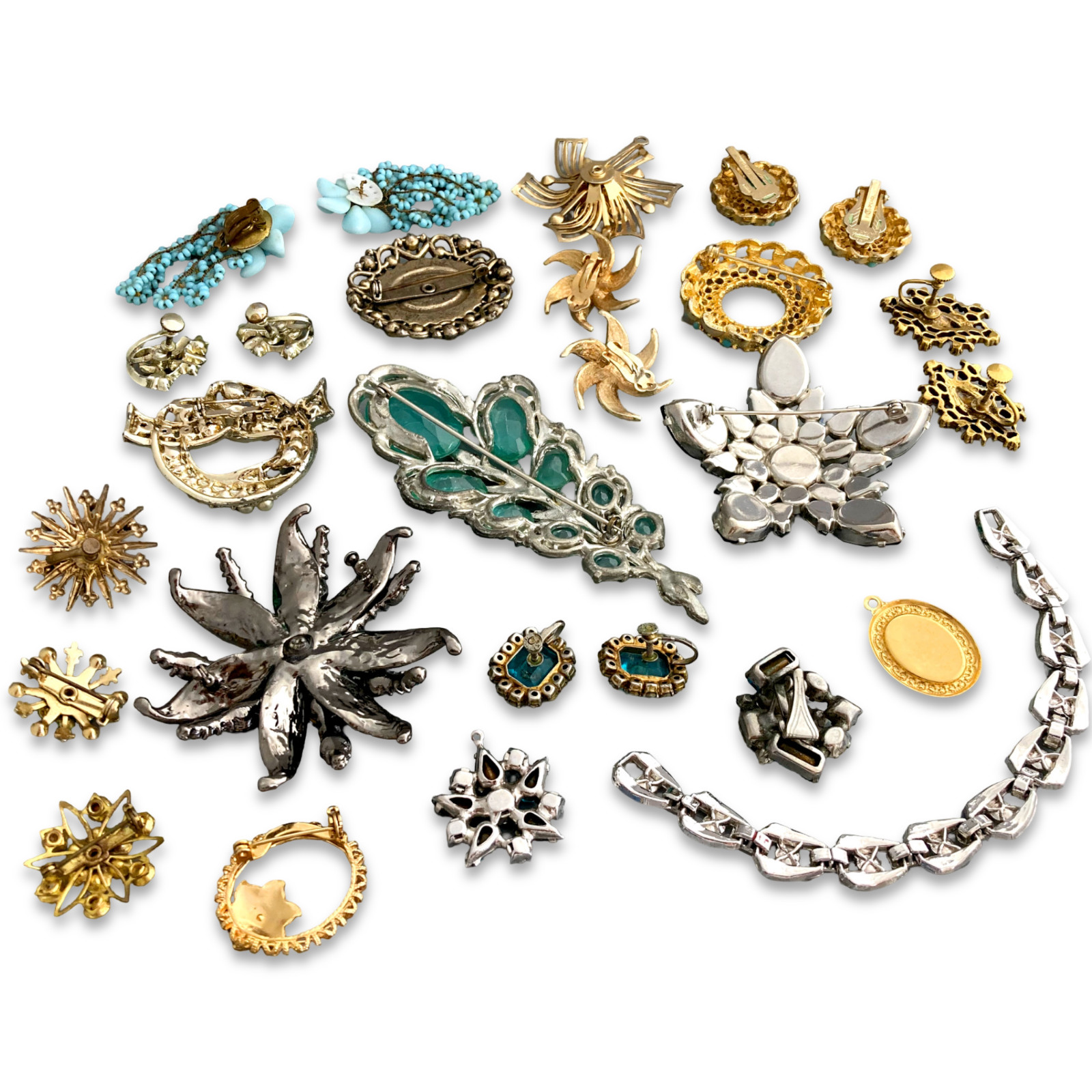 Vintage Blue Rhinestone Costume Jewelry Repair Lot, Brooch Earrings Bracelet Pin
